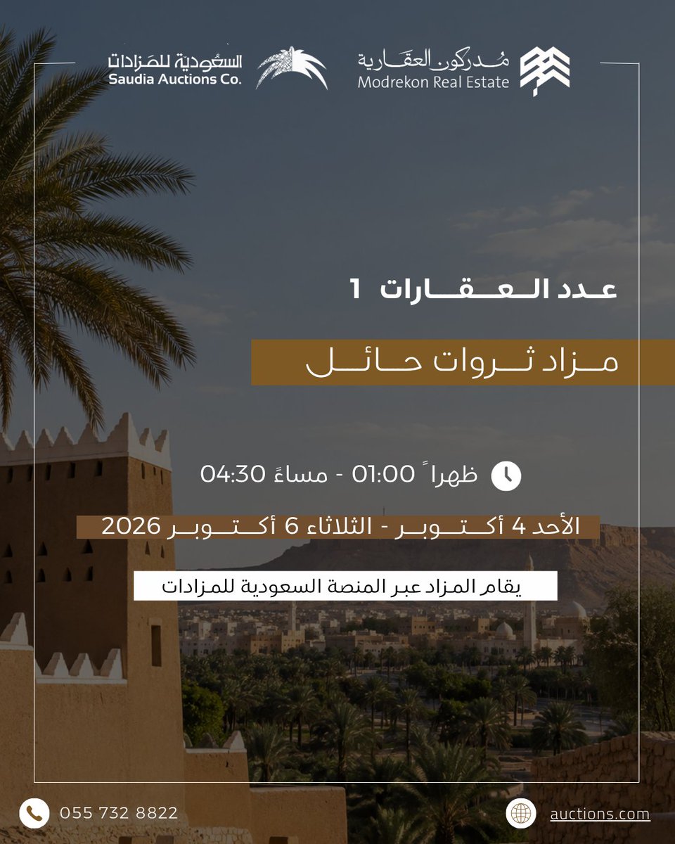 modrekonauction's tweet photo. انطلق مزاد #ثروات_حائل

تعرّف على الفرص العقارية وشارك الآن، المزاد مستمر حتى الثلاثاء 6 أكتوبر، الساعة 4:30 مساءً.

🔗 https://t.co/NR4bo5pczL

#مدركون_العقارية https://t.co/83z7ZSL4ZP