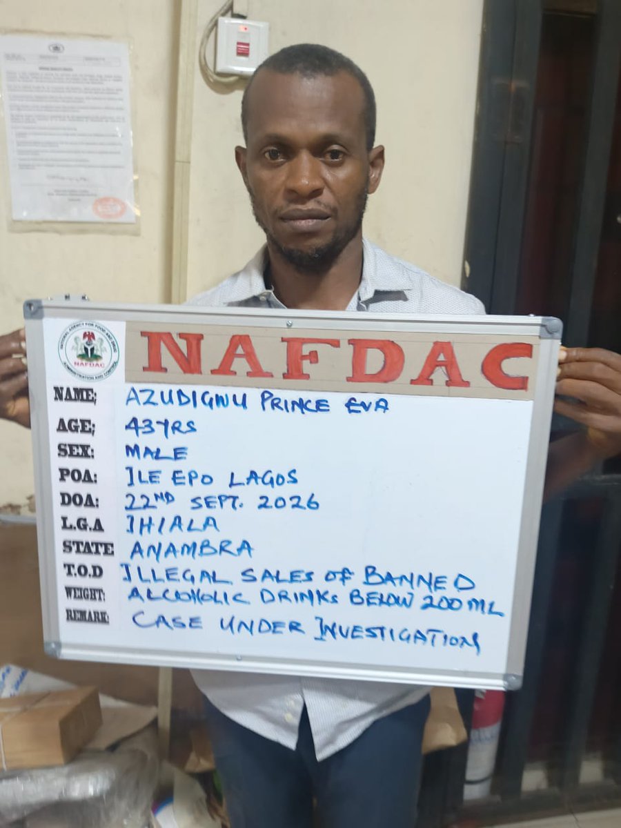 NafdacAgency's tweet photo. NAFDAC Seizes ₦300m Worth of Banned Alcoholic Drinks in Lagos

NAFDAC has shut down some distributors selling alcoholic beverages packaged in sachets and PET bottles below 200 mL in Lagos State. The value of the seized products is estimated at ₦300 million.

Distributors and retailers were arrested during operations at Ile-Epo Market, while raids were also conducted at Ojuwoye Market, Mushin, and Oke-Arin Market, Lagos Island. Officials evacuated several cartons of alcoholic beverages packaged in sachets and PET bottles below 200 mL from these locations.

Investigations indicated that some distributors and retailers were hoarding the products amid increased demand and rising prices.

NAFDAC emphasises that the ban remains in force and warns distributors, retailers and other operators against the sale, distribution or hoarding of the prohibited products.
