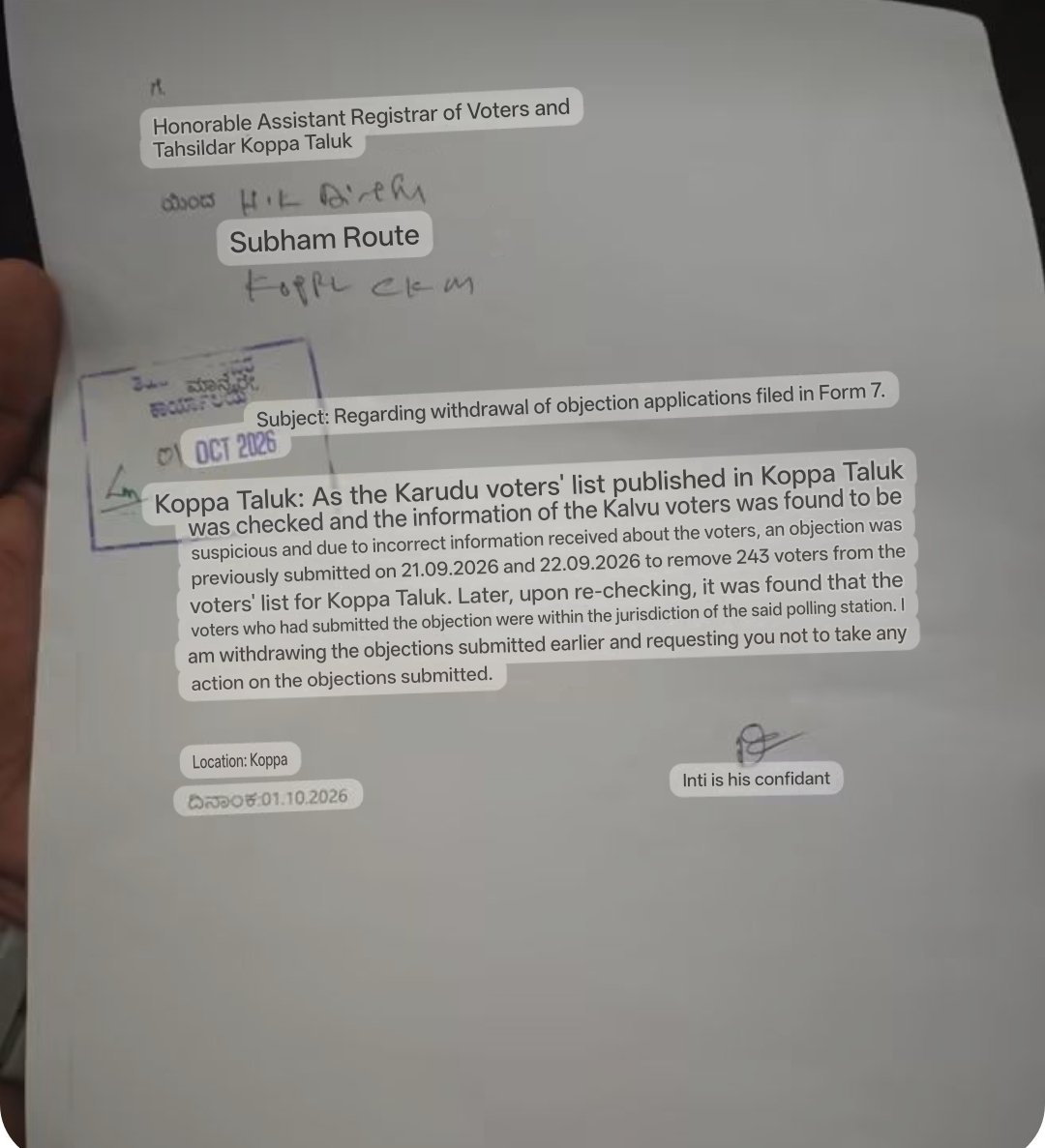 zoo_bear's tweet photo. Breaking: After the outrage on Targeted deletion of 243 Muslim voters via form-7 deletion, The BJP leader H.K Dinesh has now submitted a confession letter on Oct 1st. The letter says, he is withdrawing the Form-7 objections submitted earlier. Do we need any further proof of vote theft?  @DKShivakumar @PriyankKharge @prakashraaj