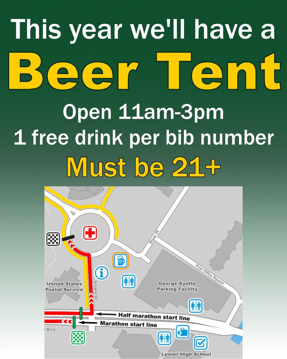 RunBaystate's tweet photo. 🍻 NEW THIS YEAR: The Bay State Beer Tent!

📍 Finish area
🕚 11 AM–3 PM
🍺 1 free drink per bib number
🔞 Must be 21+

Finish your race, then celebrate! 🏅🎉

#BayStateMarathon #BayStateHalfMarathon #LowellMA https://t.co/QibNuQQi2Z