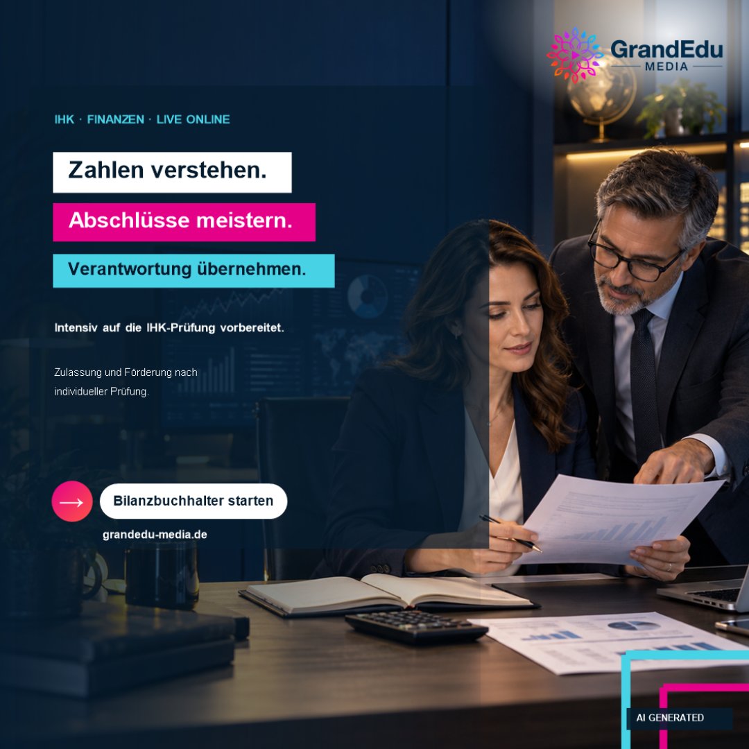 GrandEduMedia's tweet photo. Werbung: Verantwortung im Finanzwesen übernehmen: Die Weiterbildung Geprüfter Bilanzbuchhalter (IHK) bereitet intensiv auf die Prüfung vor. Zulassung/Förderung individuell prüfen. https://t.co/inE3lRGB9m https://t.co/V9u4OoJ1iM