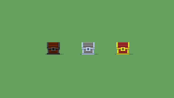 Three pixel-art treasure chests in brown, white, and yellow are displayed against a solid green background.