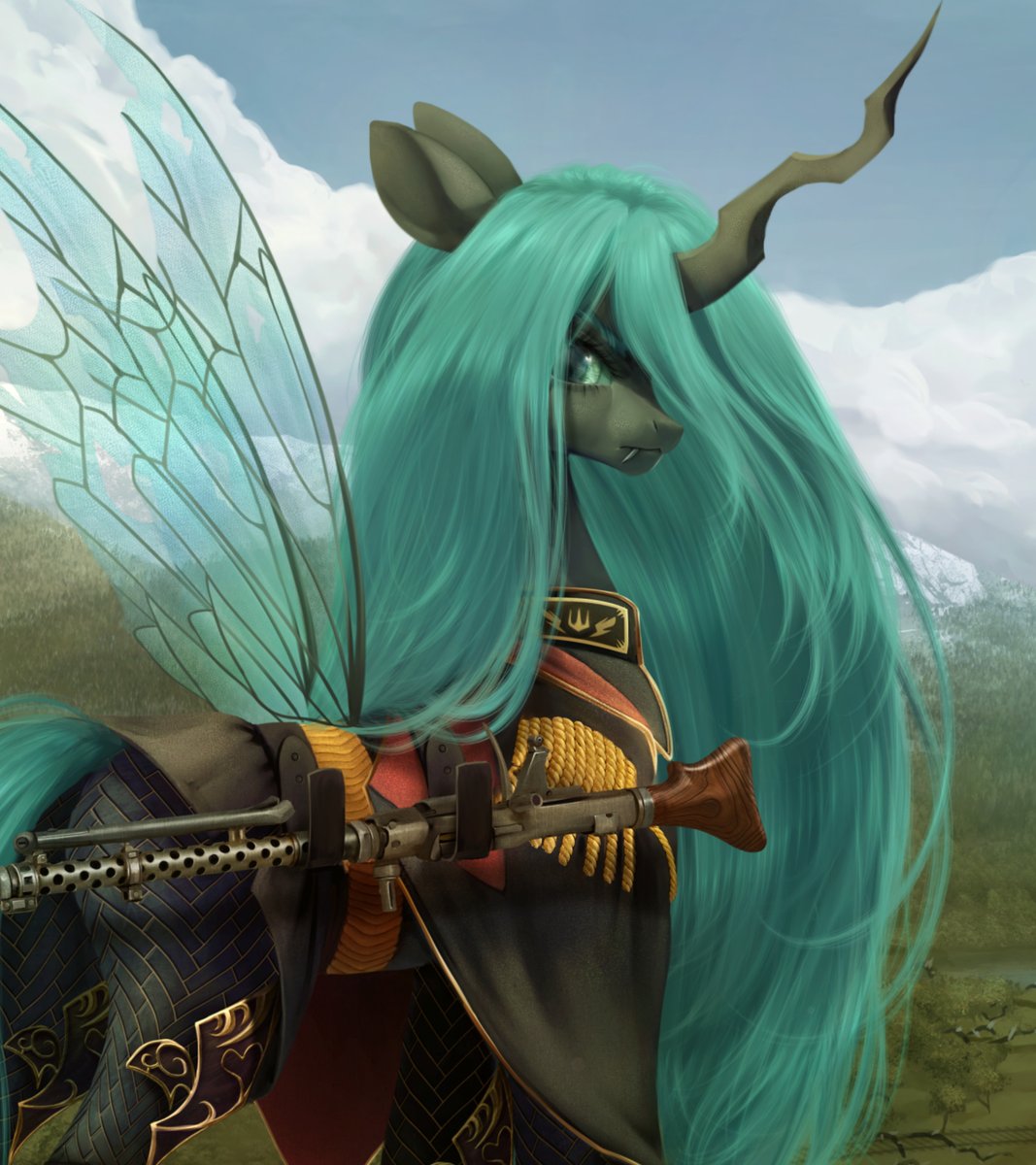 unt3_n's tweet photo. “Schnell, Frau Offizier,” Her Majesty replied evenly.

Commission for Brazen Gauge. Full render art.

#pony #mlp #mylittlepony #Chrysalis #commission #art https://t.co/5aI5SXgUWz