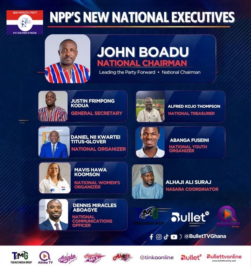 bullettvghana's tweet photo. NPP'S NEW NATIONAL EXECUTIVES

#TMG
#AtinkaTv
#BulletTvGh
#NPPDecides
#NPPNationalElect https://t.co/Dabb79vvkk
