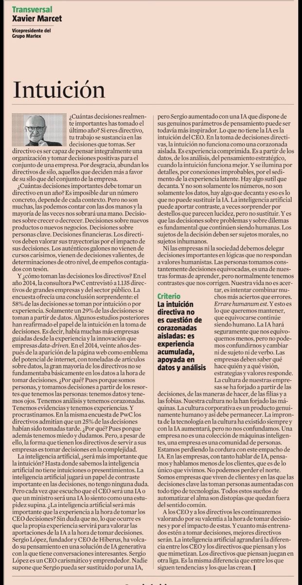 Cesar_ces_ces's tweet photo. @XavierMarcet  La intuición directiva no es cuestión de corazonadas
aisladas: es experiencia
acumulada, apoyada en datos y análisis. https://t.co/xtbQGTq1dE