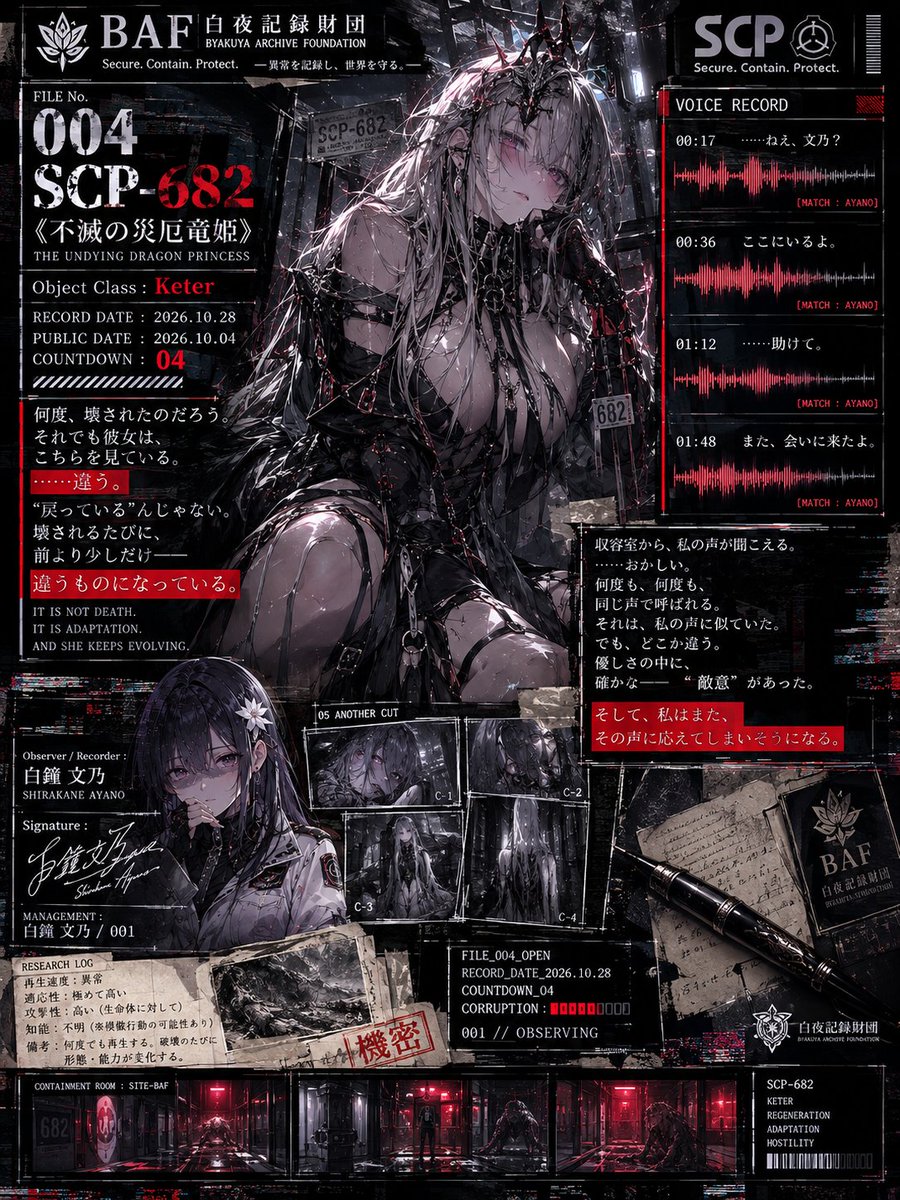 KAMUI_NOCTURNE's tweet photo. 【KNE ARCHIVES PROJECT】
SCP FEMALE SERIES // SCP MONTH

MAIN FILE 004
SCP-682《不滅の災厄竜姫》

Object Class：Keter

━━━━━━━━━━━━━━━━━━

ARCHIVE No.004
RECORD DATE：2026.10.28
COUNTDOWN：04

何��、壊されたのだろう。

それでも彼女は、
こちらを見ている。

……違う。

“戻っている”んじゃない。

壊されるたびに、
前より少しだけ――

違うものになっている。

[RESEARCH LOG]

再生：確認
適応：確認
変化：継続

██終了条件：不明██

……記録を続ける。

[AUDIO SIGNAL DETECTED]

00:17「……ねえ、文乃？」

…………。

この音声は、

FILE 003で終了したはず。

ERROR_
UNREGISTERED AUDIO DATA

SOURCE：████████
VOICE MATCH：SHIRAKANE AYANO

また、

私の声。

でも今回は少し違う。

あの声の中に、

確かな――

「敵意」があった。

████████████

SCP-682は、
こちらを見ている。

そして私はまた、

その声に返事をしてしまいそうになる。

Observer / Recorder：
白鐘 文乃
SHIRAKANE AYANO

> FILE_004_OPEN
> RECORD_DATE_2026.10.28
> COUNTDOWN_04
> CORRUPTION：██████░░░░
> 001 // OBSERVING

━━━━━━━━━━━━━━━━━━

異常を記録し、世界を守る。

……ねえ。

今、誰が私を呼んだ？

#SCP #SCP682 #SCP財団
#SCPFEMALESERIES #SCPMONTH
#KNEARCHIVESPROJECT
#白夜記録財団 #白鐘文乃