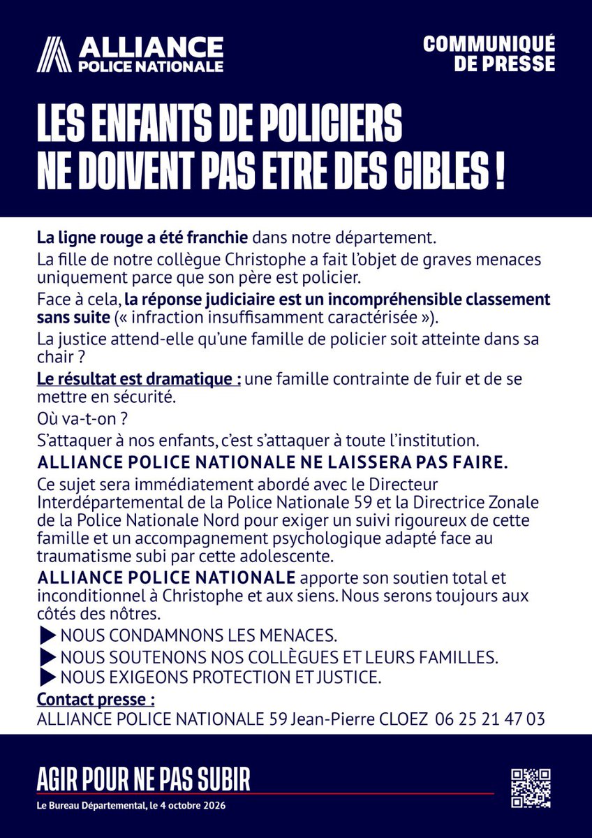 alliancepolice's tweet photo. LA LIGNE ROUGE EST FRANCHIE.

La fille d’un policier gravement menacée parce que son père porte l’uniforme.

Et la réponse ? CLASSEMENT SANS SUITE.

Une famille contrainte de fuir pour se protéger.

S’ATTAQUER AUX ENFANTS DE POLICIERS EST INTOLÉRABLE.

#Nord https://t.co/WZ3OhFHA7e