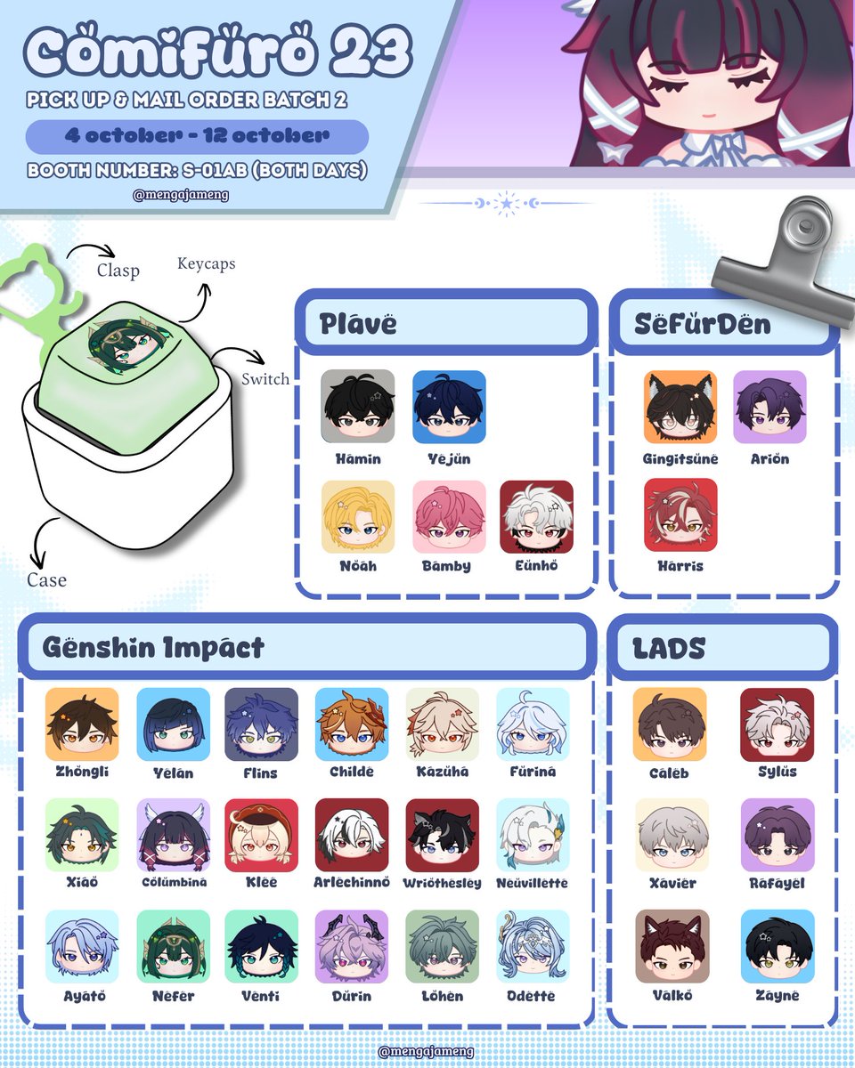 mengajameng's tweet photo. [🔁🩵 very appreciated!!]
Meng's #CF23 Catalogue Pre-Order Batch 2

🗓️ : 4 October - 12 October
📌 : Both Days #cf23 [Booth S-01]
💌 : Pick Up &amp; Mail Order
✨ : HSR, LADS, GI, F1, JJK, SeFurDen, Pandavva, Plave

Link PO &amp; GA below ⬇️⬇️
#cf23catalogue #comifuro23 https://t.co/0rRsY0DNVB