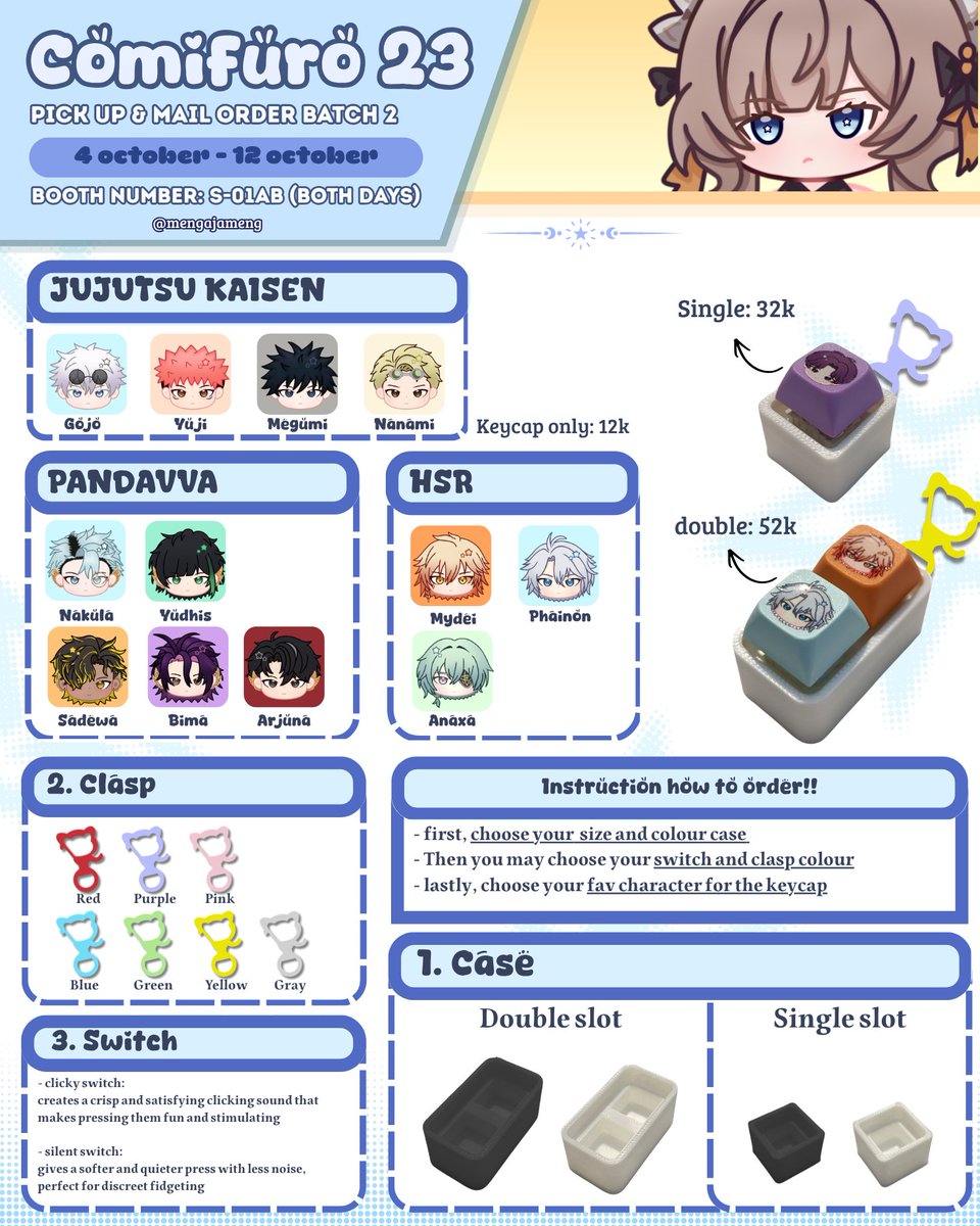 mengajameng's tweet photo. [🔁🩵 very appreciated!!]
Meng's #CF23 Catalogue Pre-Order Batch 2

🗓️ : 4 October - 12 October
📌 : Both Days #cf23 [Booth S-01]
💌 : Pick Up &amp; Mail Order
✨ : HSR, LADS, GI, F1, JJK, SeFurDen, Pandavva, Plave

Link PO &amp; GA below ⬇️⬇️
#cf23catalogue #comifuro23 https://t.co/0rRsY0DNVB