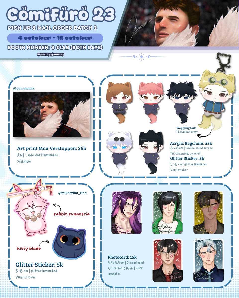 mengajameng's tweet photo. [🔁🩵 very appreciated!!]
Meng's #CF23 Catalogue Pre-Order Batch 2

🗓️ : 4 October - 12 October
📌 : Both Days #cf23 [Booth S-01]
💌 : Pick Up &amp; Mail Order
✨ : HSR, LADS, GI, F1, JJK, SeFurDen, Pandavva, Plave

Link PO &amp; GA below ⬇️⬇️
#cf23catalogue #comifuro23 https://t.co/0rRsY0DNVB