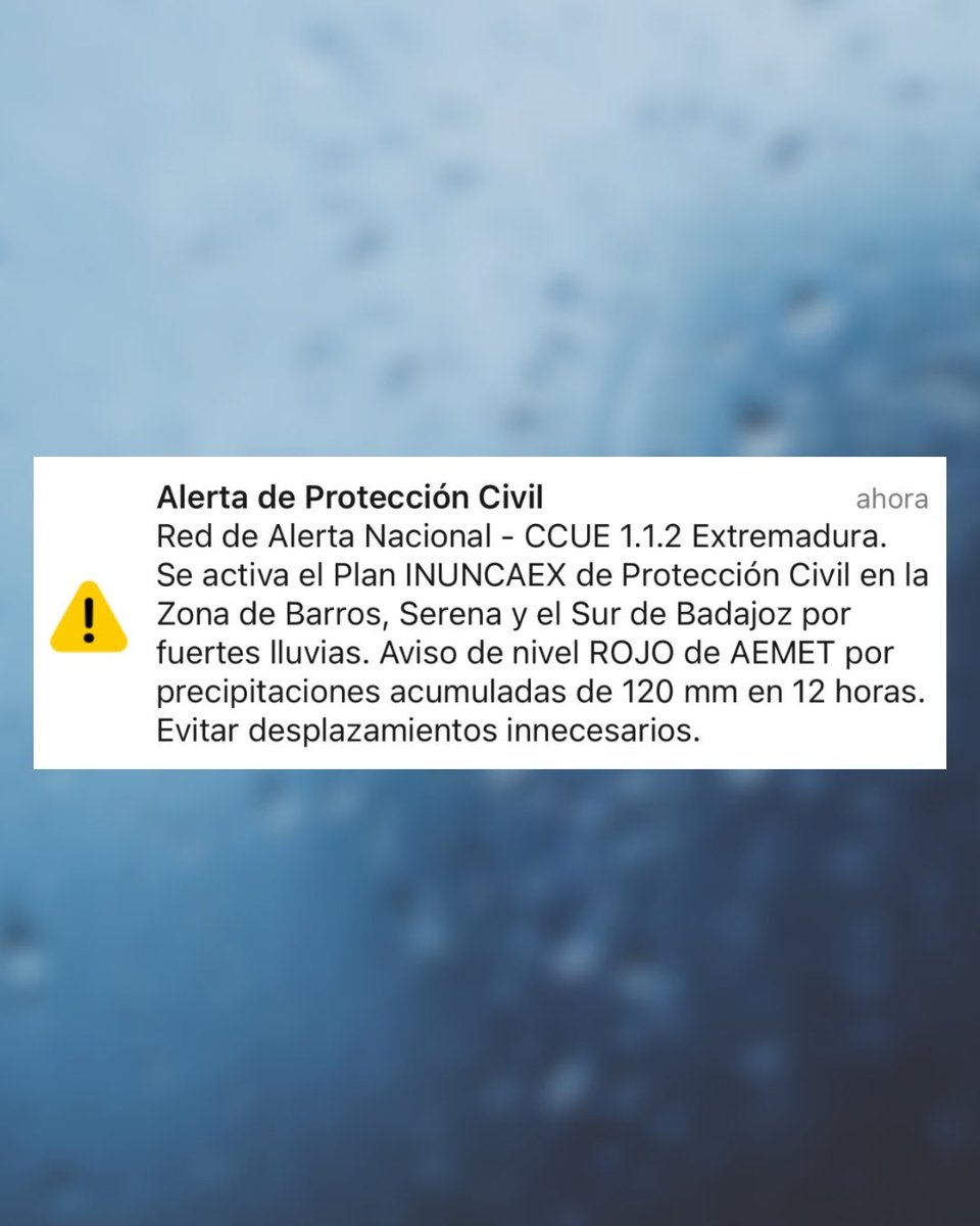 JuntaEx112's tweet photo. 🔴Se ha procedido al envío de Es-Alert por la activación del Plan Inuncaex de Protección Civil en las zonas de Barros, Serena y Sur de Badajoz.

⛈️La AEMET ha emitido aviso rojo ante la previsión de precipitaciones acumuladas de 60mm en una hora. En algunas zonas pueden ir acompañadas de granizo.

⚠️Evitar desplazamientos innecesarios.