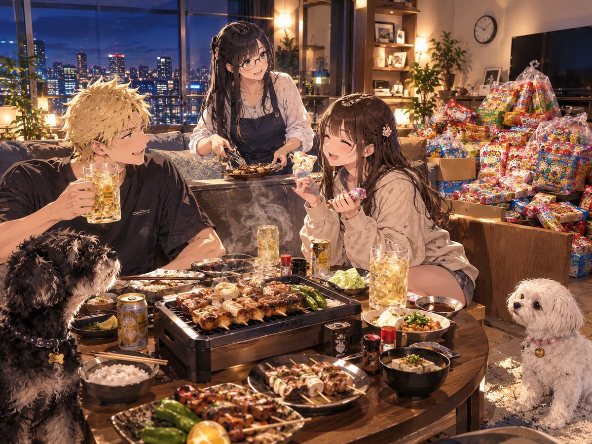 Gakuxjp's tweet photo. 今日の晩酌＆夕食です🌠
妹は今日アルバイトだったのですがこの駄菓子の山ですわ…
主催者から頂いたらしいのですがありすぎだろ…
恐るべし妹…😅
夕食の方は彼女特製バラ肉と玉ねぎの串焼き。これは美味いっす
ハイボールが進みます
さて、ゲームでも少しして明日に備えますか👍️

#AI日常 https://t.co/4bqCGBrc4P