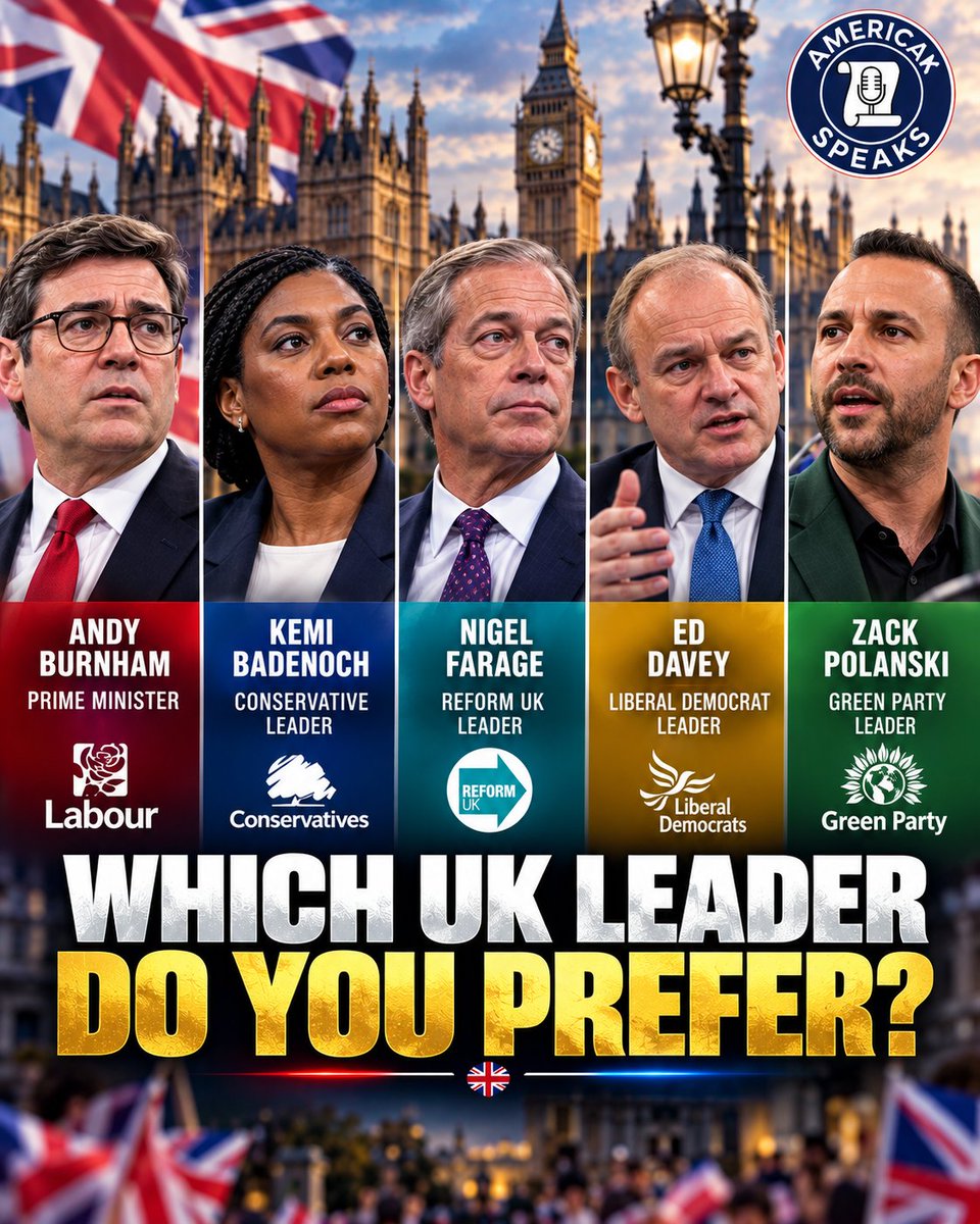 RechargAmerica's tweet photo. 🇬🇧 Which UK leader do you prefer?

A) Andy Burnham
B) Kemi Badenoch
C) Nigel Farage
D) Ed Davey
E) Zack Polanski

Cast your vote 👇🇬🇧 https://t.co/u4fmtlYzHk