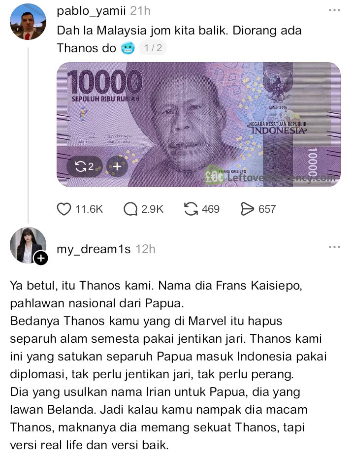 satirnesia's tweet photo. warga malaysia bercandanya udah too much ini. kalian mau ngatain government kita atau ributin sepak bola gapapa, tapi kalo udah bawa-bawa pahlawan keterlaluan. 

frans kaisiepo itu simbol pemersatu bangsa, mempertaruhkan hidupnya supaya papua gak dipisahkan dari indonesia oleh belanda. beliau sangat berarti, that's why wajahnya diabadikan di mata uang indonesia.