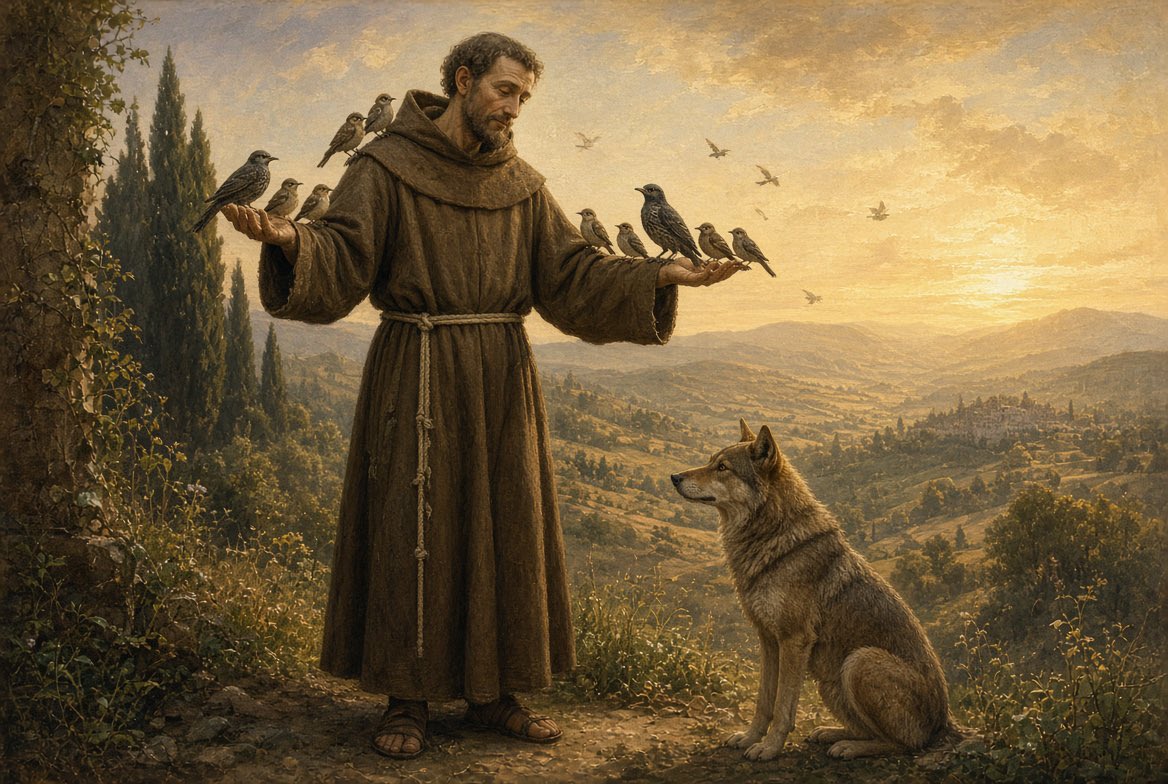 v_joron's tweet photo. 💫 4 octobre : Saint François d’Assise, fondateur des franciscains, patron de l’Italie et des animaux.

Fêté depuis 800 ans, il reste un phare pour l’Église.

Il prêchait aux oiseaux et appelait le loup son frère. 

Pauvreté, paix, fraternité avec toute la création.

#SaintFrançois #4octobre