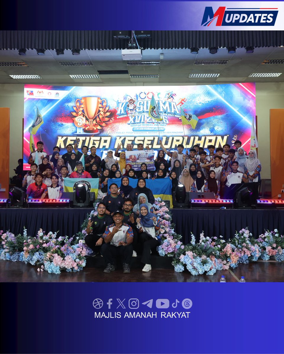 maragov's tweet photo. 𝗦𝗘𝗥𝗜 𝗜𝗦𝗞𝗔𝗡𝗗𝗔𝗥, 𝟰 𝗢𝗸𝘁𝗼𝗯𝗲𝗿 𝟮𝟬𝟮𝟲-Karnival Sukan Kolej Profesional MARA dan Kolej MARA (KASUKMA) XVI 2026 melabuhkan tirainya selepas berlangsung selama empat hari tiga malam di Kolej Profesional MARA (KPM) Seri Iskandar, Perak.

Karnival yang bermula pada 1 Oktober itu menghimpunkan seramai 380 atlet daripada 10 kontinjen terdiri daripada enam KPM dan empat KM, yang bersaing dalam sembilan acara sukan iaitu futsal, bola tampar, catur, road relay, petanque, badminton, ping pong, boling dan FIFA. 

Majlis penutupan disempurnakan oleh YBhg. Encik Zahari Aziz, Timbalan Ketua Pengarah (Pendidikan) MARA di Dewan Utama, KPM Seri Iskandar. Turut berlangsung sesi penyampaian hadiah sebagai penghargaan kepada pencapaian dan semangat juang yang ditampilkan para atlet sepanjang kejohanan. Pada majlis sama, insentif sukan turut disampaikan kepada atlet yang berjaya meraih pingat pada SUKIPT sebagai penghargaan atas pencapaian mereka.

Dalam ucapannya, beliau mengingatkan bahawa KASUKMA bukan sekadar medan memburu pingat dan piala, malah menjadi platform pembangunan pelajar melalui nilai disiplin, kepimpinan, komunikasi, kerja berpasukan dan ketahanan diri. Pengalaman bersukan juga dilihat sebagai pelengkap kepada kecemerlangan akademik dalam usaha membentuk pelajar MARA yang seimbang dan berdaya tahan. 

KASUKMA XVI 2026 turut menyaksikan penyerahan bendera tuan rumah kepada KPM Beranang sebagai simbol kesinambungan penganjuran KASUKMA 2027, sekali gus meneruskan tradisi kecemerlangan sukan dalam kalangan warga KPM dan KM.