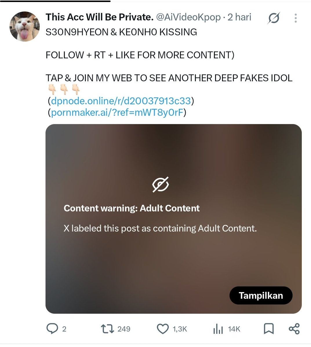 Keonhoreport's tweet photo. 🚨SEXUAL HARASSMENT &amp; SEXUAL DEEPFAKE AI🚨

Report, Block, and DO NOT engage.
Report as:
- Spam (5x)
- Hate, Abuse, or Harassment (5x)
- Child Safety (5x)
- Adult Sexual Content (5x)

Please make sure to MASS LOGIN to this account as well.

🖇https://t.co/iv7AqCq2p7 @.AiVideoKpop https://t.co/IbtutnS7Ao