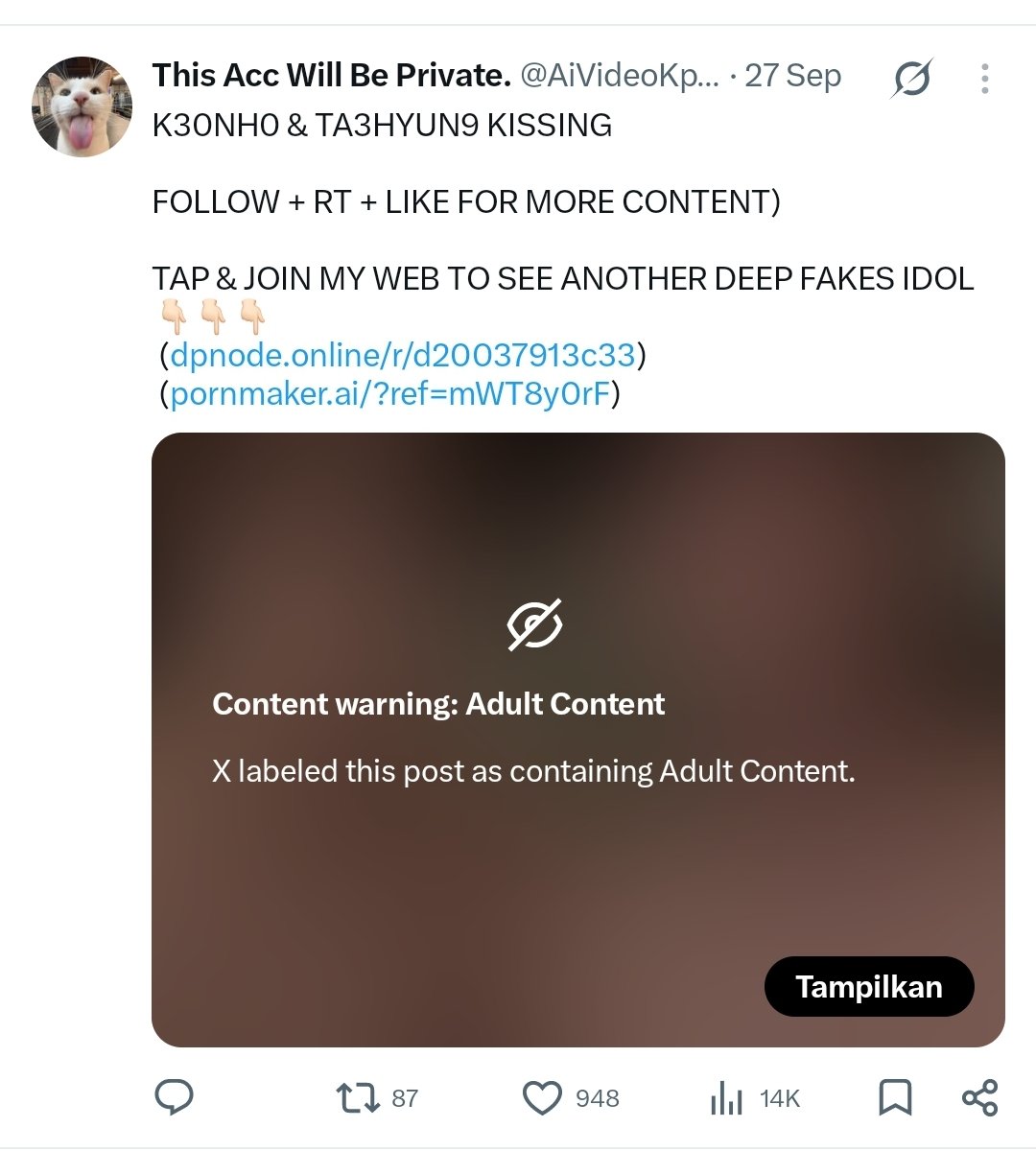 Keonhoreport's tweet photo. 🚨SEXUAL HARASSMENT &amp; SEXUAL DEEPFAKE AI🚨

Report, Block, and DO NOT engage.
Report as:
- Spam (5x)
- Hate, Abuse, or Harassment (5x)
- Child Safety (5x)
- Adult Sexual Content (5x)

Please make sure to MASS LOGIN to this account as well.

🖇https://t.co/iv7AqCq2p7 @.AiVideoKpop https://t.co/IbtutnS7Ao