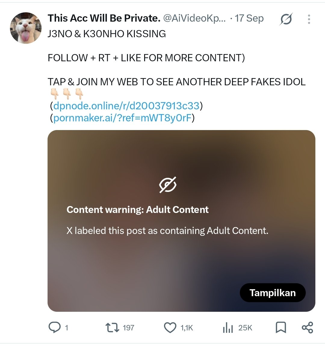 Keonhoreport's tweet photo. 🚨SEXUAL HARASSMENT &amp; SEXUAL DEEPFAKE AI🚨

Report, Block, and DO NOT engage.
Report as:
- Spam (5x)
- Hate, Abuse, or Harassment (5x)
- Child Safety (5x)
- Adult Sexual Content (5x)

Please make sure to MASS LOGIN to this account as well.

🖇https://t.co/iv7AqCq2p7 @.AiVideoKpop https://t.co/IbtutnS7Ao