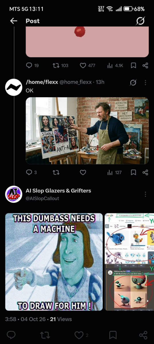 home_flexx's tweet photo. I made fun of the "Stop AI Slop" through an AI picture. Someone took it seriously. Irony squared. 😂 https://t.co/MjNMC9e2hJ