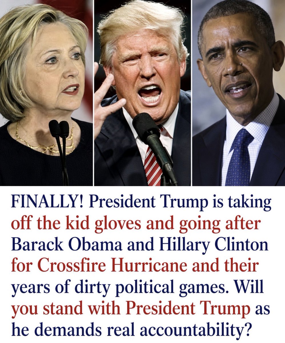 Luna_Jones79's tweet photo. Trump is done treating Obama and Hillary like they are untouchable. Crossfire Hurricane sat there for years while the same people called everyone else a threat. Do you stand with him going after them? https://t.co/5rGPxCBCOW