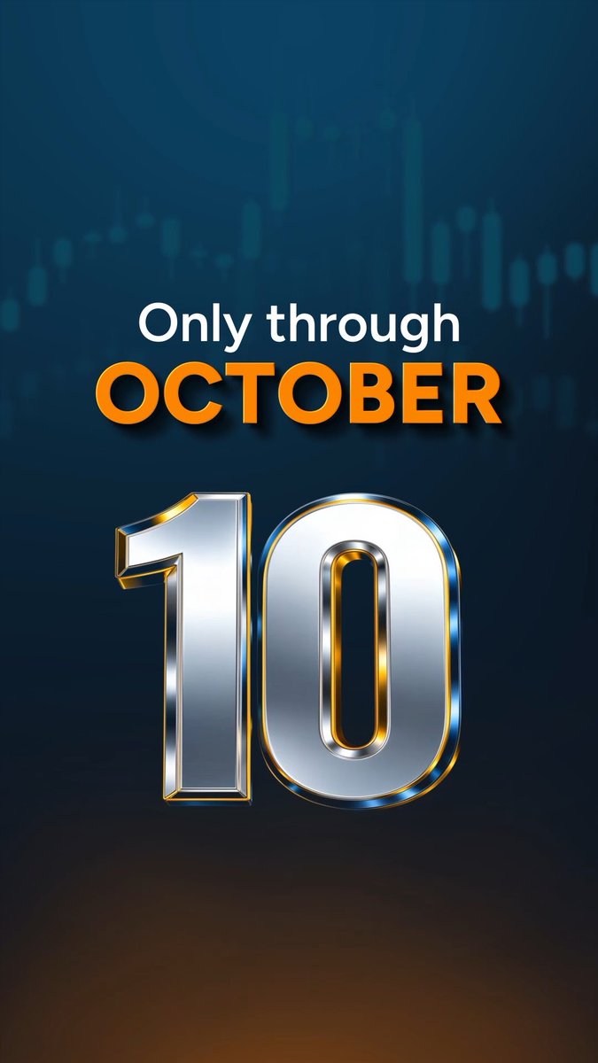 A promotional graphic with a dark blue candlestick chart background featuring white text 'Only through' above orange text 'OCTOBER' and a large metallic silver number '10'.