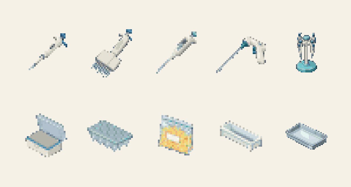 lablife_game's tweet photo. 【開発中】ドット絵の研究室アイテム「ピペット用品」編
シングル、8チャンネル、電動ピペット、ピペットエイド、スタンド、チップ箱、詰め替えラック、チップ袋、リザーバー、トレー

チップ詰め。あの無心になれる時間って意外とアイデア浮かぶんですよね���。みなさんは、どんな時に研究のアイデア浮かびますか？