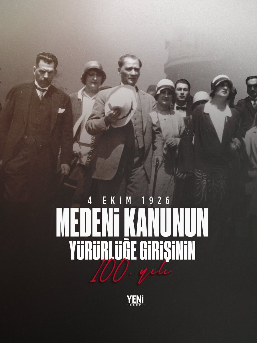 yenipartiyiz's tweet photo. Kadın-erkek eşitliğinin, özgür ve adil bir toplum idealinin temel taşlarından biri olan Türk Medeni Kanunumuzun yürürlüğe girişinin 100. yılını kutluyor; Cumhuriyetimizin kurucusu Ulu Önderimiz Gazi Mustafa Kemal Atatürk’ü saygı ve minnetle anıyoruz. https://t.co/aI7HmmyaXL