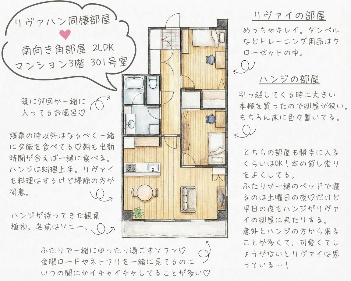 a01sngk's tweet photo. 現パロ再会リヴァハン小説「Eternally」のふたりが住んでるお部屋をご紹介♡
またまた本文内には出てこない設定もあるので、良かったら見てってくださいー！ https://t.co/8XvalKA8Uc