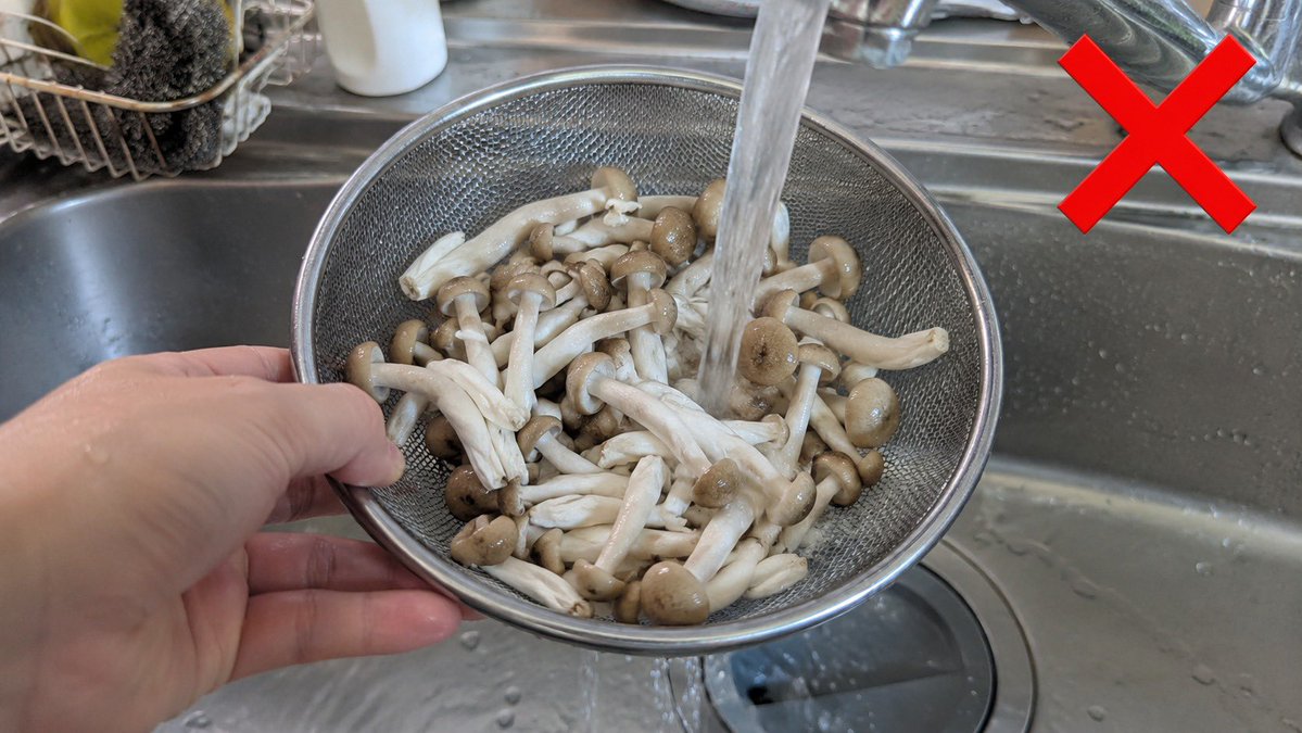 tetsublogorg's tweet photo. きのこ、調理前に水で洗っていませんか？

洗うと風味と食感がかなり落ちます！！
ビタミンB群のような水溶性の栄養も流れ落ちます！！

山で採ったきのこは別としてスーパーのきのこは工場の菌床栽培で、清潔な状態で詰められています。

袋から出して石づきを落としたら、そのまま加熱してOKです！！ https://t.co/pQI3R5SZOI