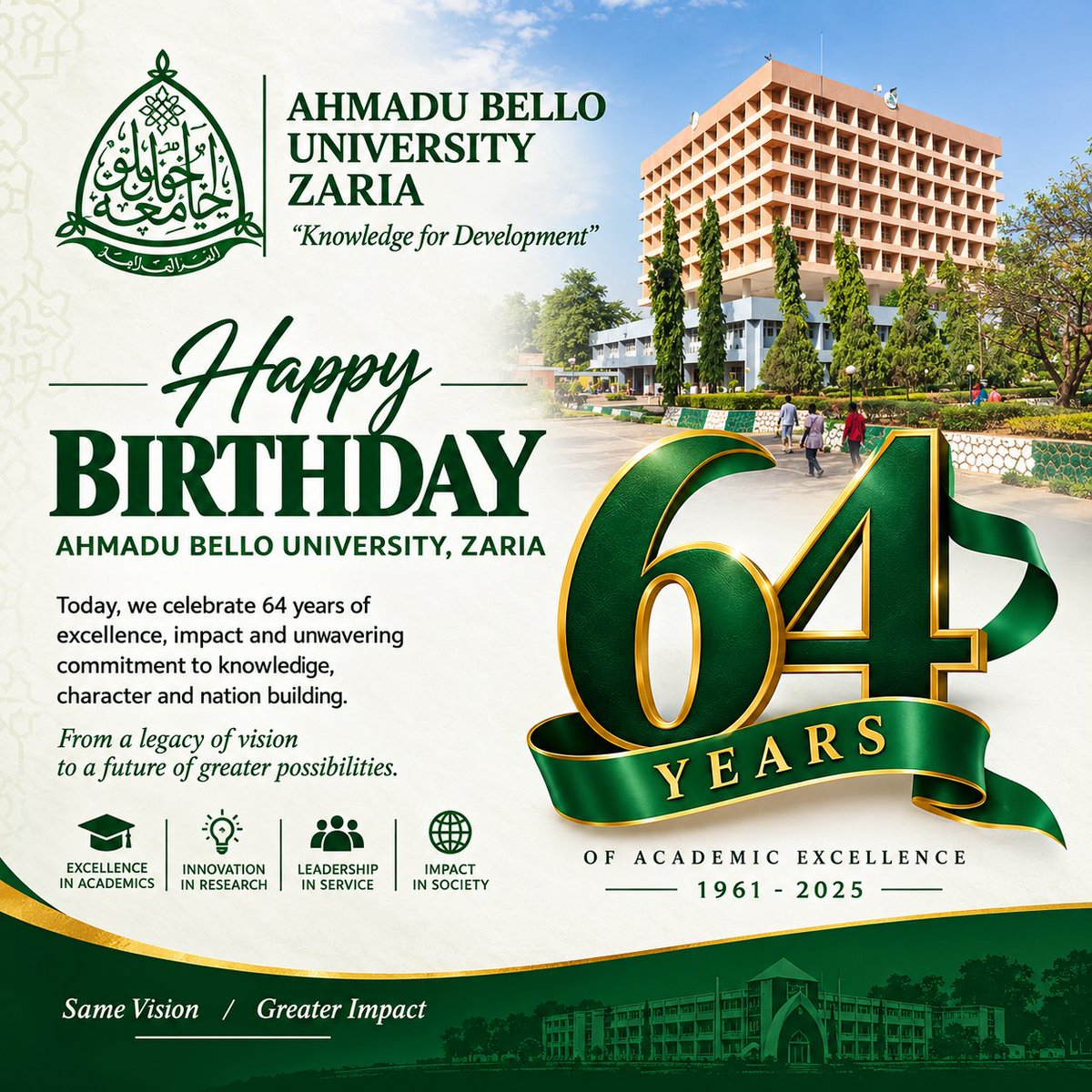tinted_graphix's tweet photo. Happy Birthday AHMADU BELLO UNIVERSITY ZARIA @64-Years

Today we appreciate a great Institution, the best there was, the best their is, the best their will ever be.

If you are a proud ABUSITE Drop your picture at any location in time in the school. https://t.co/qoduZ50GMW