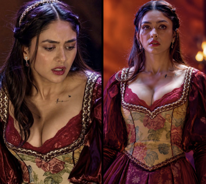 A split image showing an actress with dark hair and a small chest tattoo in an ornate maroon and floral Renaissance-style dress, looking distressed.