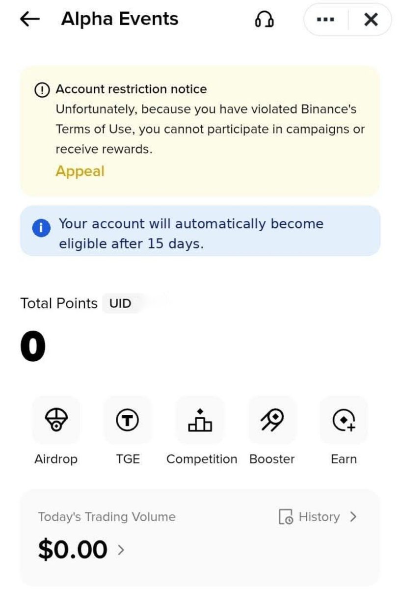 null_0x404's tweet photo. I want to share an idea regarding Binance Alpha and Campaign restrictions.

First, this image is edited by me and is only a concept/mockup to share my idea. It is not an official Binance update.

Many old and active Binance users have been restricted from Binance Alpha, Learn & Earn, and other campaigns for a long time.

I think it would be great if old and genuinely active users could automatically become eligible again after 15 days of restriction.

Many of us regularly participate in Binance Campaigns and Alpha, and these programs have helped users stay active in the Binance ecosystem while earning rewards.

A fair and transparent restriction system could be beneficial for both Binance and its users.

Just sharing my idea and feedback. Hopefully, Binance can consider something like this in the future.
@binance