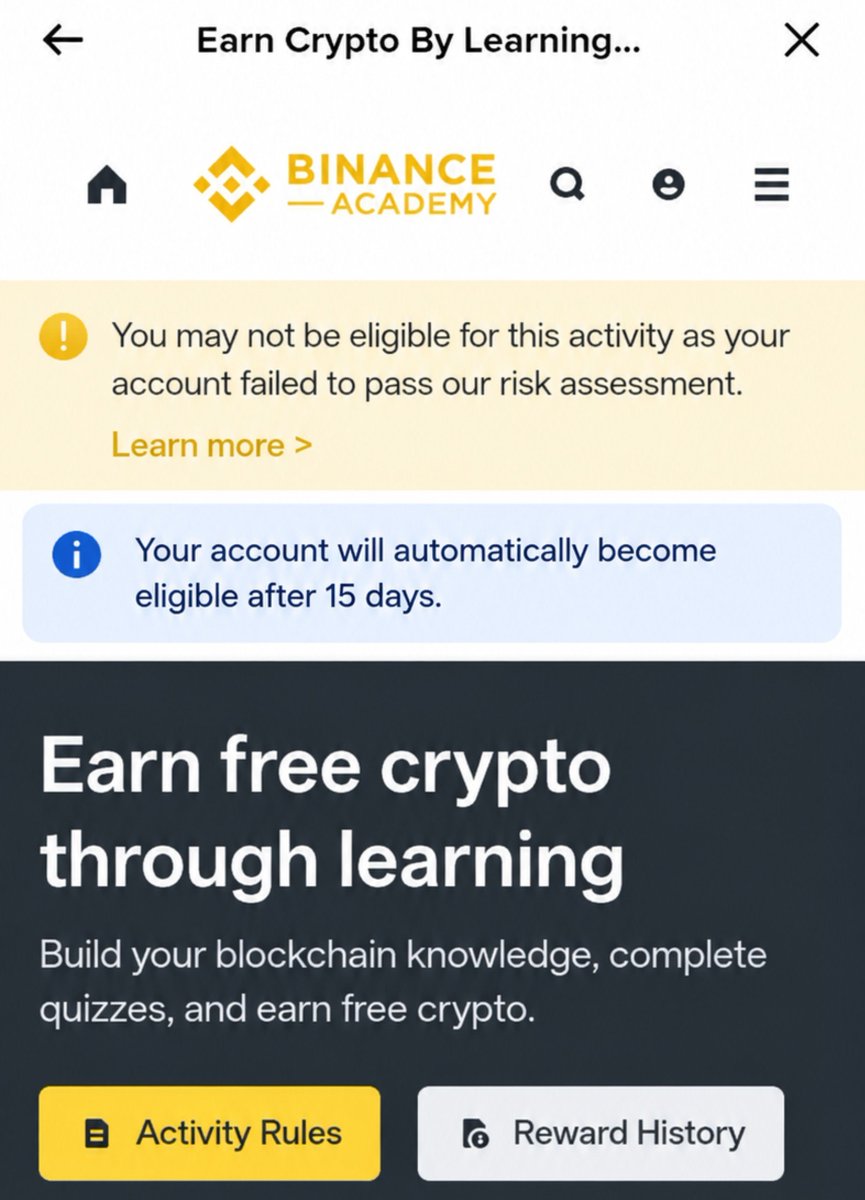 null_0x404's tweet photo. I want to share an idea regarding Binance Alpha and Campaign restrictions.

First, this image is edited by me and is only a concept/mockup to share my idea. It is not an official Binance update.

Many old and active Binance users have been restricted from Binance Alpha, Learn & Earn, and other campaigns for a long time.

I think it would be great if old and genuinely active users could automatically become eligible again after 15 days of restriction.

Many of us regularly participate in Binance Campaigns and Alpha, and these programs have helped users stay active in the Binance ecosystem while earning rewards.

A fair and transparent restriction system could be beneficial for both Binance and its users.

Just sharing my idea and feedback. Hopefully, Binance can consider something like this in the future.
@binance