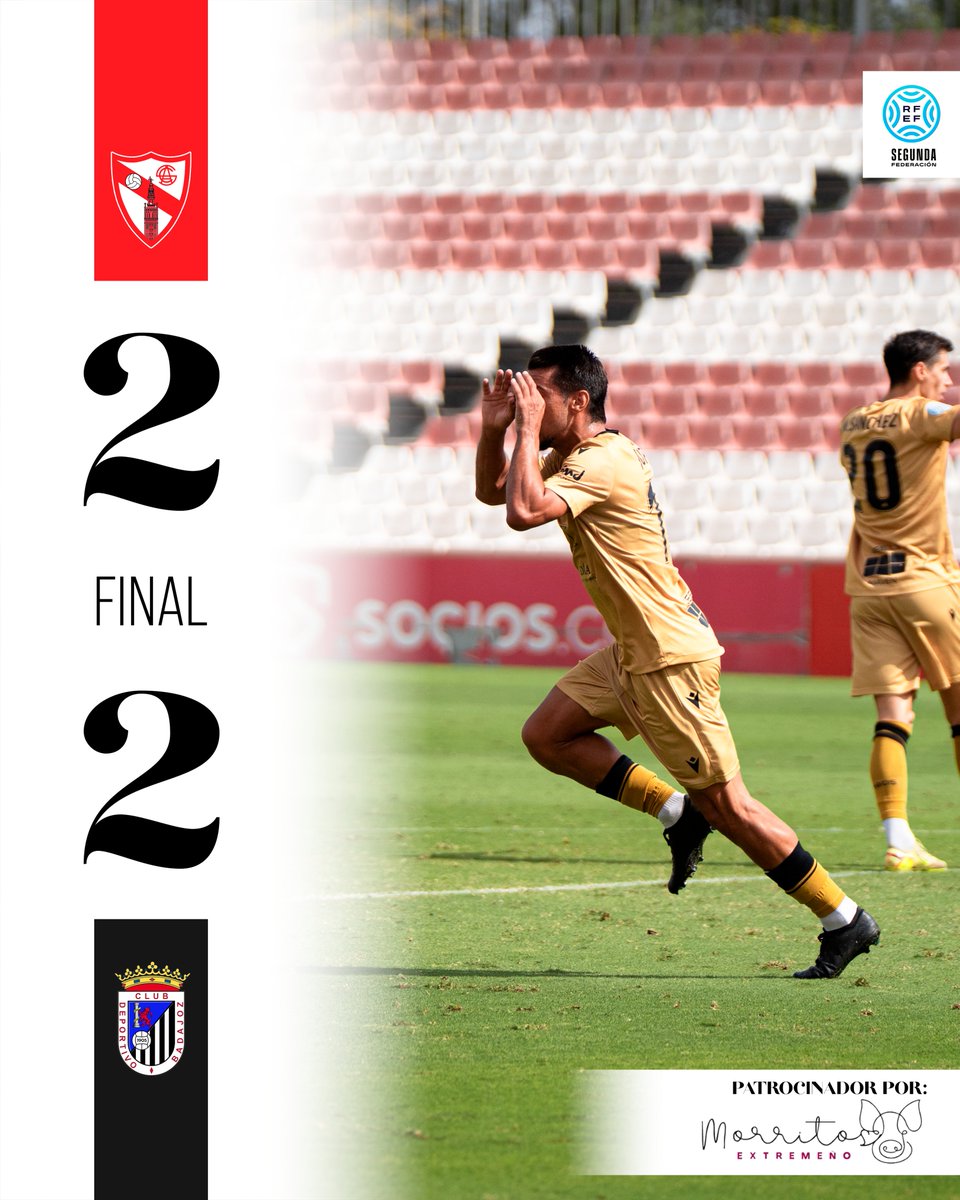CDBadajoz's tweet photo. Pitido final en Sevilla ⚽

Sevilla Atlético 2 - 2 CD Badajoz

#2aRFEF #SevillaAtleticoBadajoz

🐽Patrocinado por Morritos Extremeños https://t.co/1a70GB5tfR