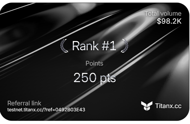 lucifer_eth16's tweet photo. JOIN this perp testnet @TitanExchange_ 

https://t.co/eRyn3OvhK7

* Connect Wallet
* Complete Profile
* Stsrt trading/ Earn Points

It is now in its initial stage so try to be early tp make in the top of their leaderboard https://t.co/GarNYV4ZyC