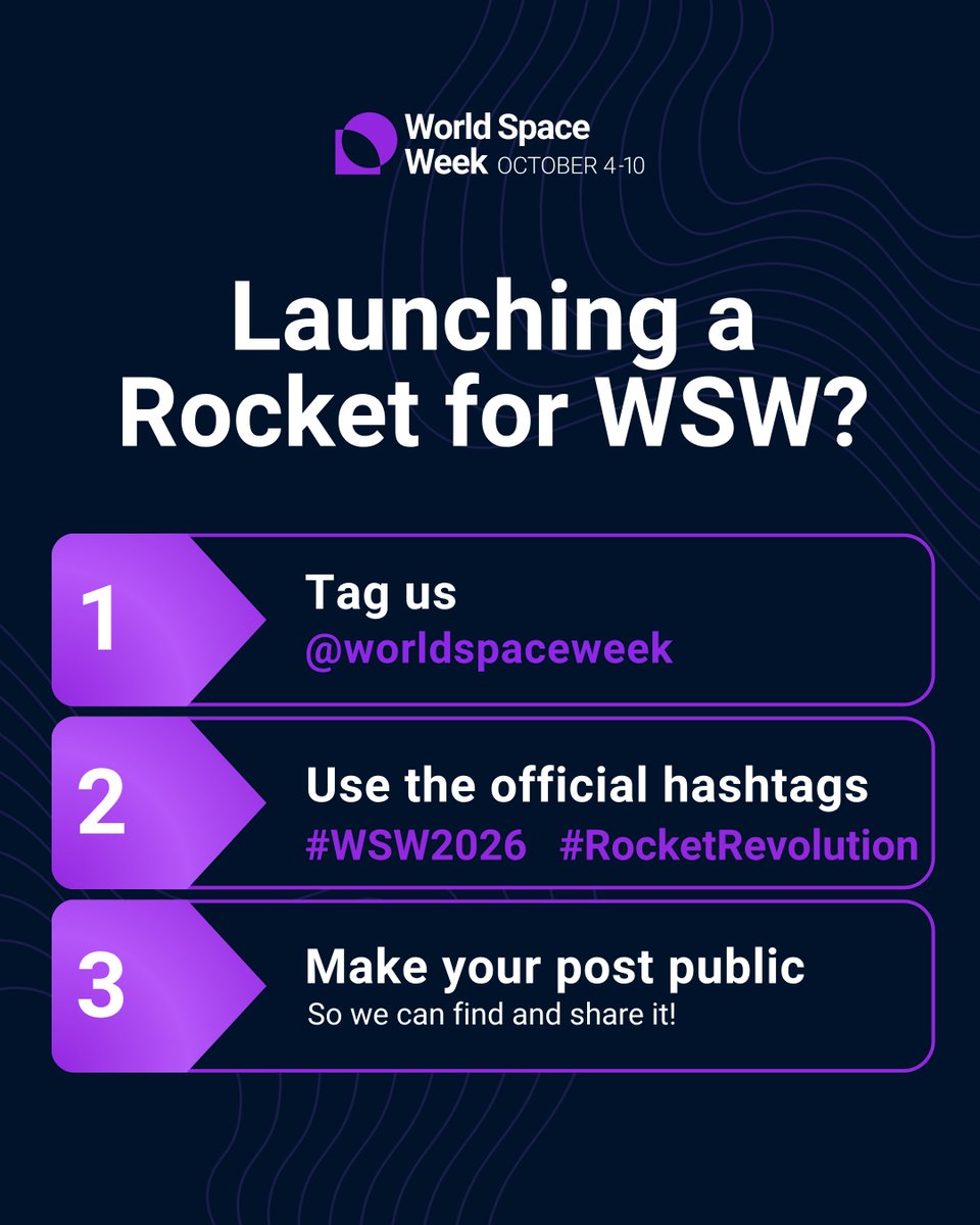 WorldSpaceWeek's tweet photo. 🚀 Happy World Space Week! The Rocket Revolution starts today!

We can’t wait to see your launches around the world! 🌍

Tag @worldspaceweek in your posts for a chance to be featured!

#WorldSpaceWeek #WSW2026 #RocketRevolution https://t.co/z7y9l7au1h