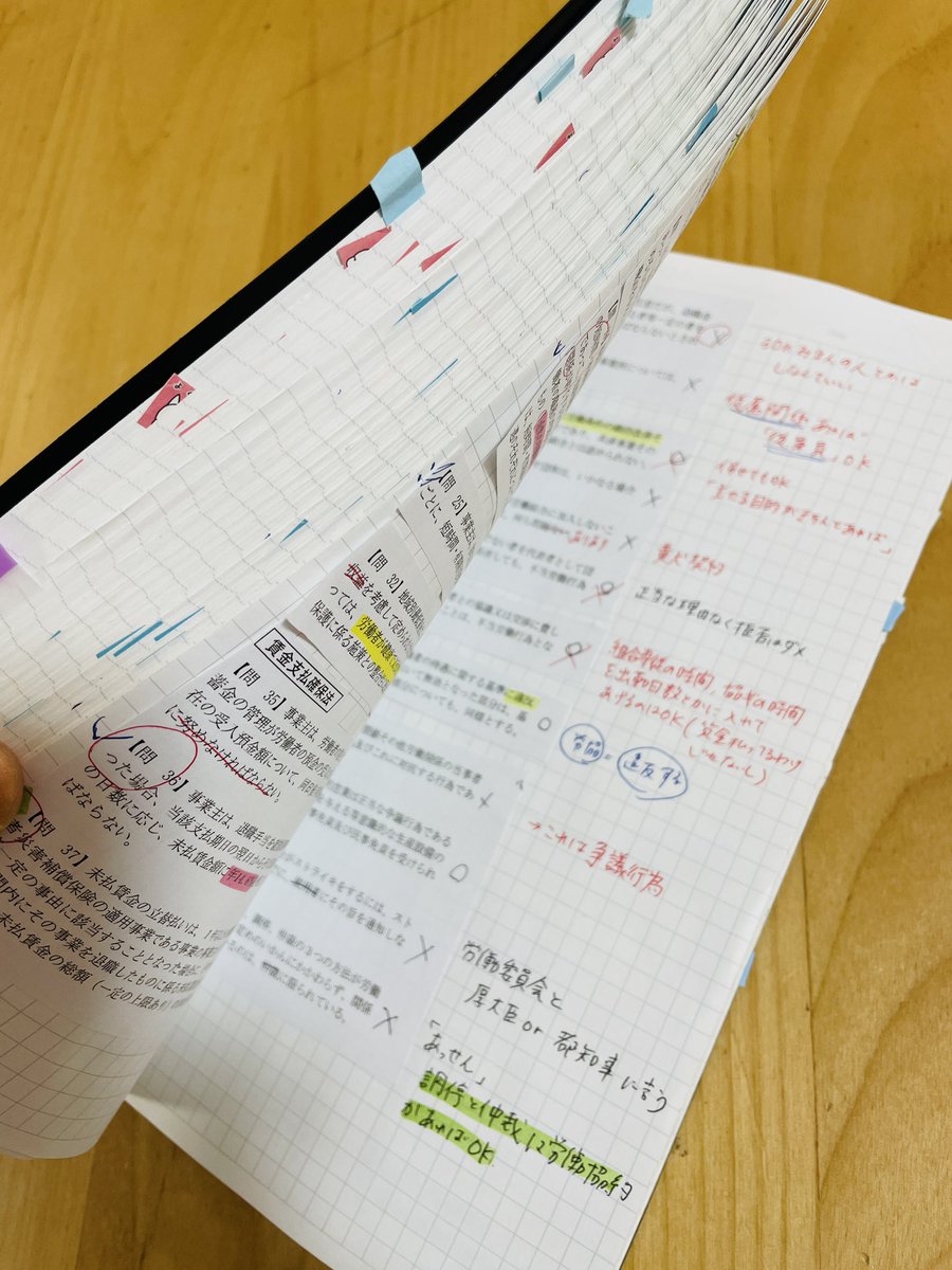 taiyakisurume's tweet photo. クレアールの答練で間違えたやつだけノート貼って2年間でこれを50回ほど見直して完璧にした。#クレアール
#社労士試験 https://t.co/sziOJm7AFs
