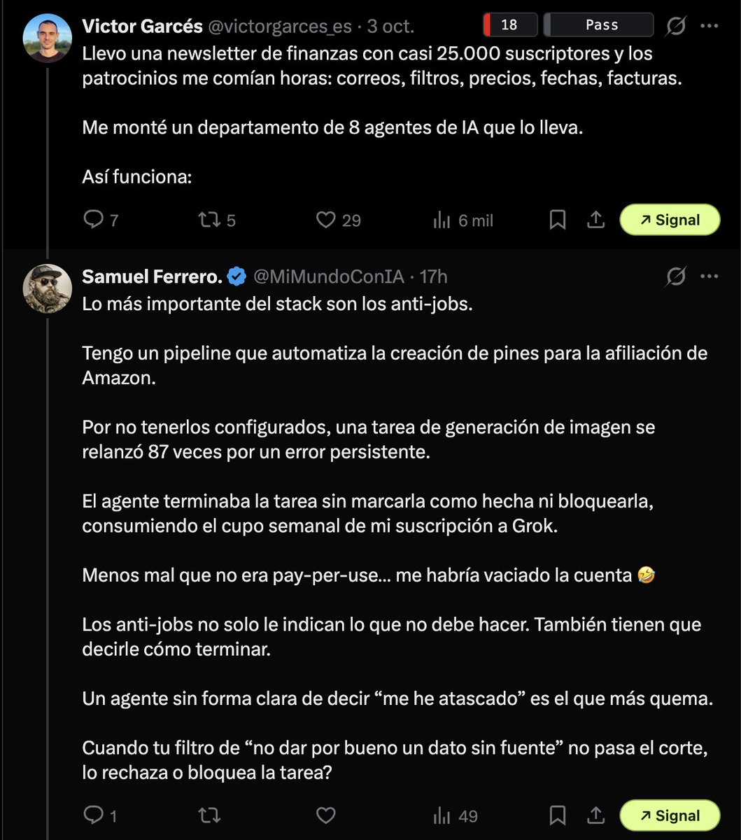 MiMundoConIA's tweet photo. Ayer expliqué en público un fallo de mi pipeline: una tarea se lanzó 87 veces seguidas porque no sabía decir que se había bloqueado.

Menos de 18 h después @victorgarces_es se lo pasó a su departamento y lo convirtió en regla.

Lo que aplicó lo puedes usar tal cual en tus pipelines:

1. Límites duros. Máximo 2 intentos por operación. Si falla dos veces, para.

2. Cada ejecución arranca con un estado: HECHO, SIN NOVEDADES o BLOQUEADO. Si está bloqueado, explica qué intentó, el error literal y qué necesita de ti.

3. Nada se duplica. Antes de crear algo, comprueba si ya existe. Relanzar deja de ser peligroso.

Y lo mejor: Su filtro ha pasado de tener 2 resultados a tener 3. Pasa, falla o no concluyente.

Un dato sin verificar ya no se aprueba ni se rechaza por defecto. Se queda esperando con lo que falta.

Lo más gracioso es que él lo arregló antes que yo 🤣 
Esta semana me toca.