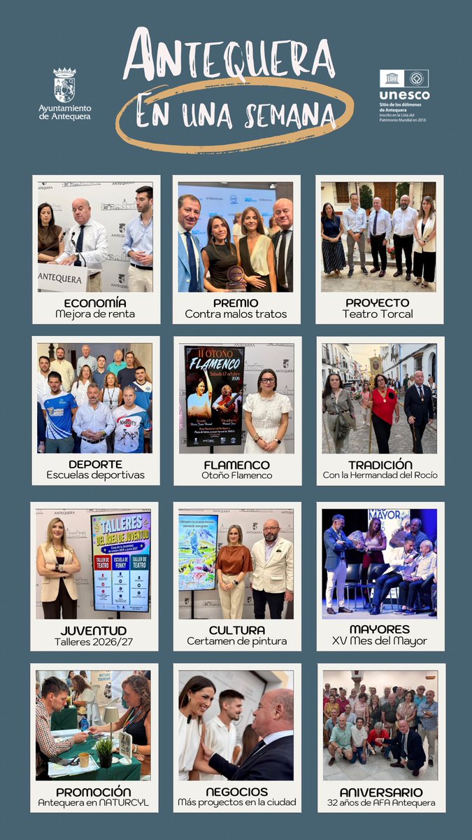 AytoAntequera's tweet photo. 🏙️ #AntequeraEnUnaSemana
Responsabilidad en la gestión y octubre que comienza imparable

📊Economía
🙋🏼‍♀️Premio
🏗️Proyecto
🎾Deporte
👏🏼Flamenco
⛪️Tradición
🧒🏻Juventud
🎨Cultura
👵🏻Mayores
🧳Promoción
🏣Negocios
📸Aniversario

📲 INFO:
https://t.co/KBtByEihNZ

#Antequera es #MásCiudad https://t.co/7Lekpg9zCr
