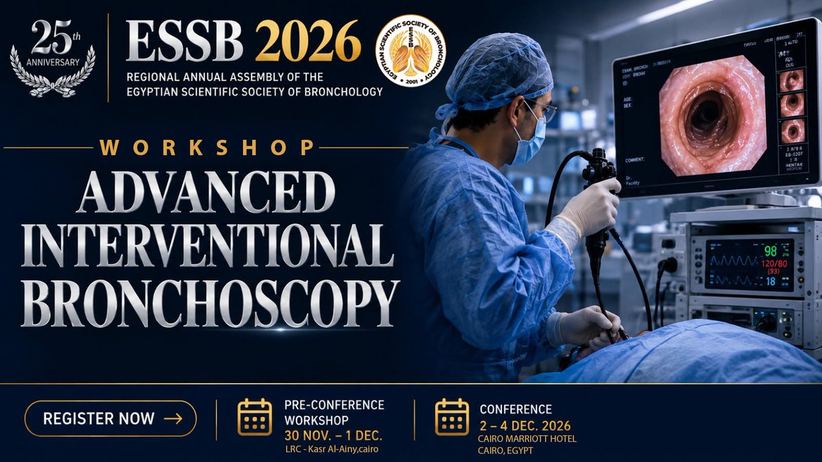 ESSBConference's tweet photo. 🚀 Ready to advance your skills? 
Join the ESSB 2026 Workshops.

 Workshop 3: 𝐀𝐝𝐯𝐚𝐧𝐜𝐞𝐝 𝐈𝐧𝐭𝐞𝐫𝐯𝐞𝐧𝐭𝐢��𝐧𝐚𝐥 𝐁𝐫𝐨𝐧𝐜𝐡𝐨𝐬𝐜𝐨𝐩𝐲
👉Register Now: 
https://t.co/Qn9hL5HKC8…

#ESSB2026 #25thESSB #Bronchology https://t.co/rZXe3BWfHz