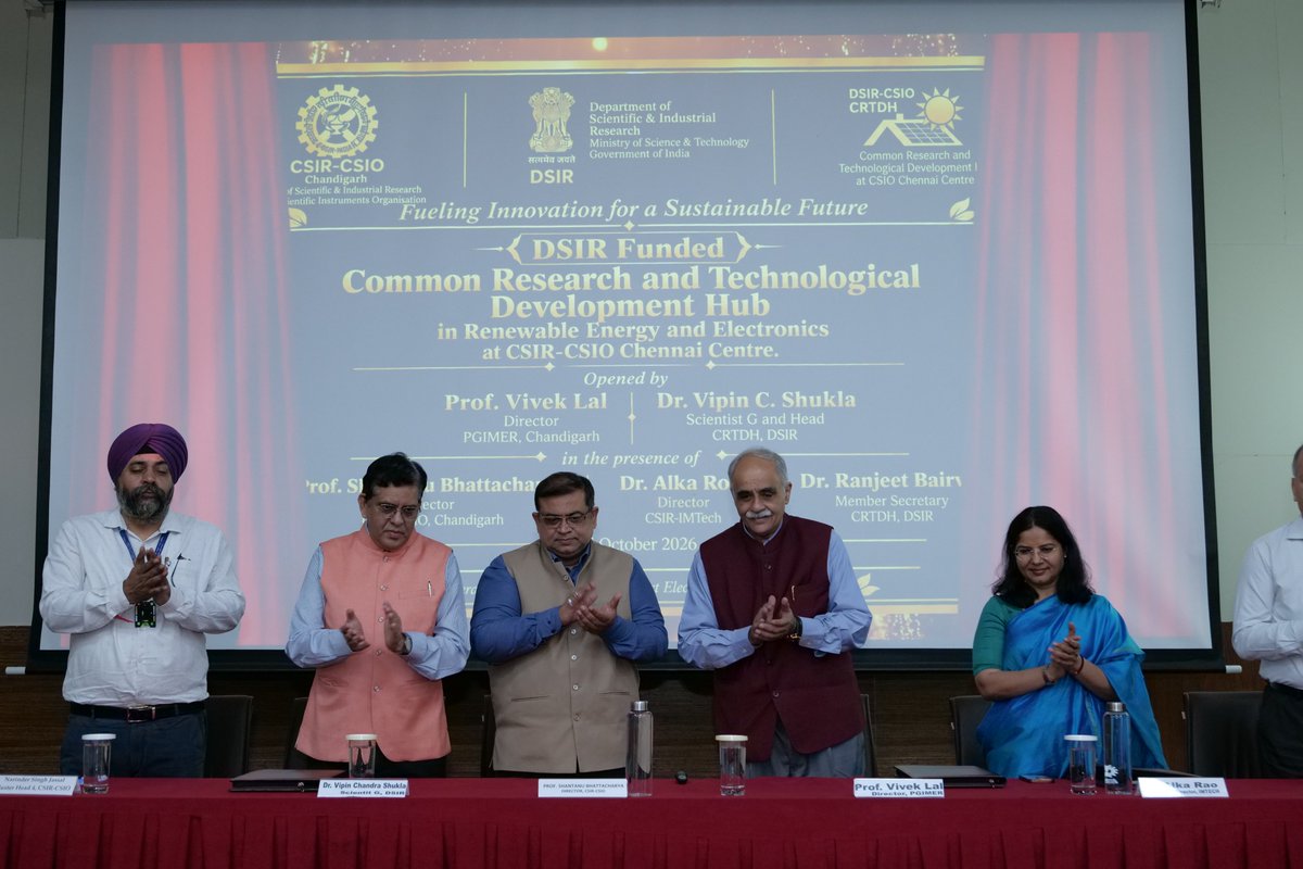 CSIR_CSIO's tweet photo. 🎉 85th CSIR Foundation Day!

CSIR-CSIO celebrates a major milestone with the inauguration of the DSIR-funded CRTDH in Renewable Energy &amp; Electronics at its Chennai Centre. 🌱⚡

@CSIR_IND @dgcsirIndia 
#CSIR #CRTDH #ViksitBharat https://t.co/mpvStwRmSB