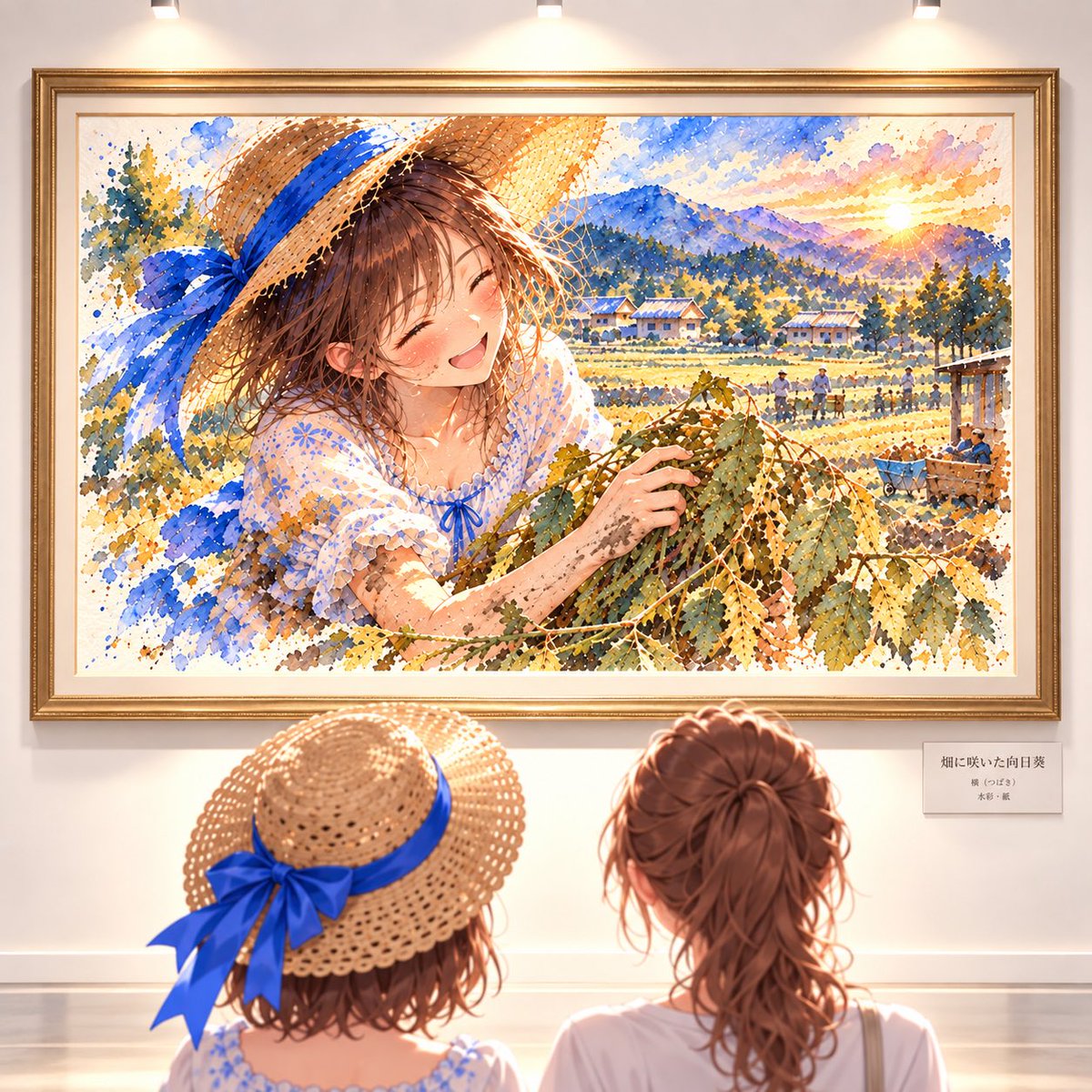 kabostArt's tweet photo. 美術館を楽しみながら歩いていたひよりの足が、ある一枚の絵の前でふと止まりました。

それもそのはず。

「……これ……わたし……？」

その言葉を待っていたかのように、隣の椿がくすくすと笑いました。

「わたしさ、ひよりちゃんに出会って、本当に描きたかった絵がやっと見つかったんだ」

「えっ……？」

自分を描いた絵が美術館に飾られていること。
椿がずっと探していたものを、自分との出会いで見つけたということ。

いろんなことが一度に飛び込んできて、ひよりの頭はもう追いつきません。

もう一度、そっと絵を見上げます。

「なんだか……恥ずかしいです」

頬を赤くするひよりの横で、椿は嬉しそうに笑っています。

それでもきっと、この絵を見た今日のことはずっと忘れない。

ひよりはもう一度、椿が描いた自分の姿を静かに見つめました。

『畑に咲いた向日葵・椿』