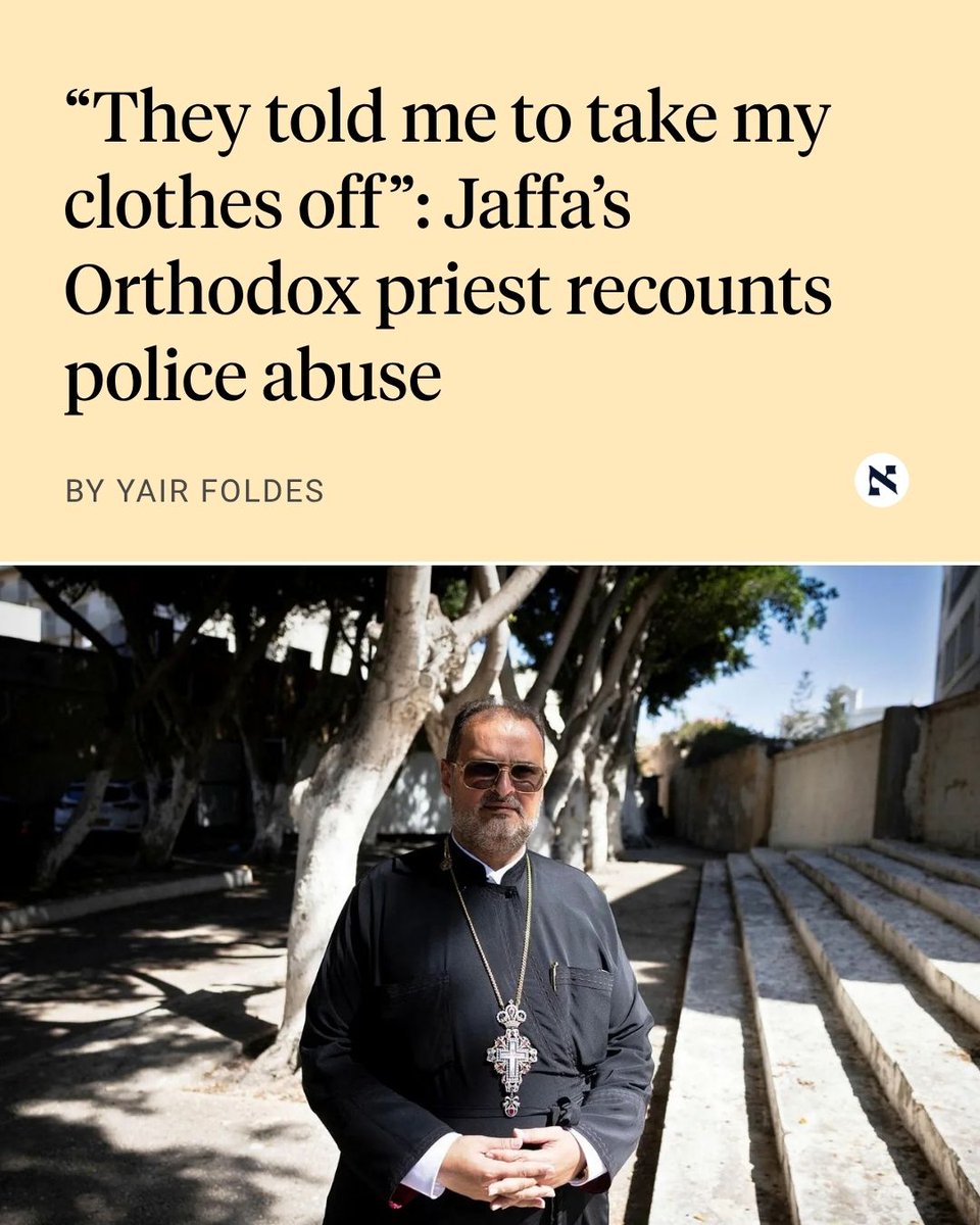 haaretzcom's tweet photo. Father Constantine, head of Jaffa's Greek Orthodox community, says he was handcuffed and arrested after confronting an officer during a police operation. 'I'm in shock at where we've ended up,' he says | @Yair_Foldes 
🔗https://t.co/F0M6JfRPWw https://t.co/QI8J95Anob