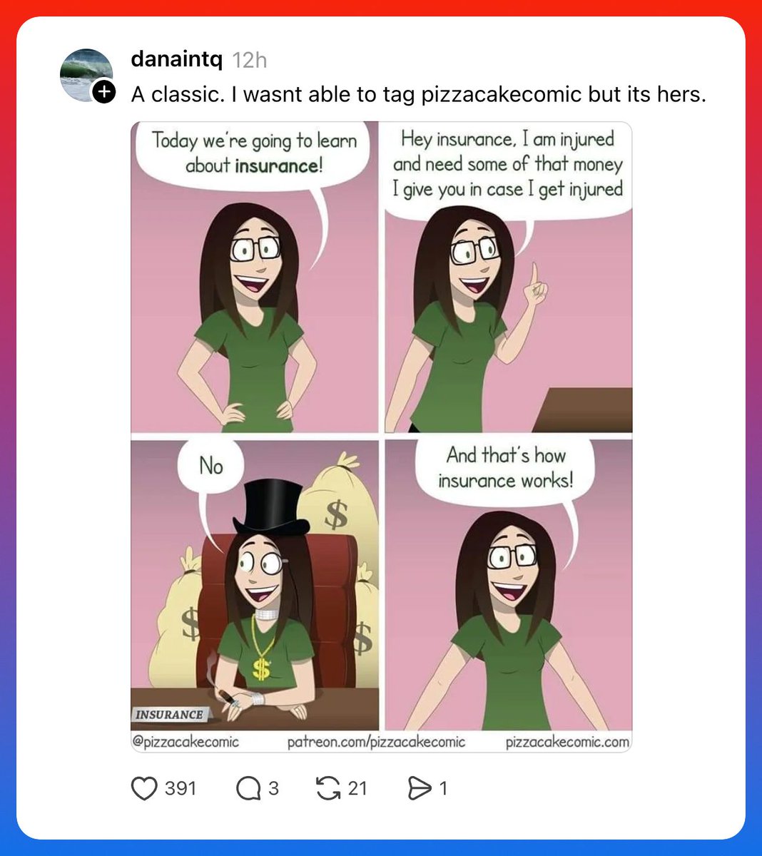 MoronMining's tweet photo. It's apparent from this comic that Pizza Cake doesn't know how insurance works https://t.co/HfV8buvIBu