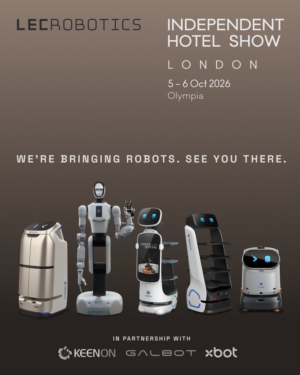 lecrobotics's tweet photo. Stand 2342 at Independent Hotel Show, Olympia, 5-6 Oct. Free Xbot IC ice cream all day. Galbot G1 humanoid, available to hire. Dinerbot T10 and T9, Butlerbot W3 and Kleenbot C40. https://t.co/gdMOJF1vXA #IndependentHotelShow #LECRobotics https://t.co/9NUVj3j5wW