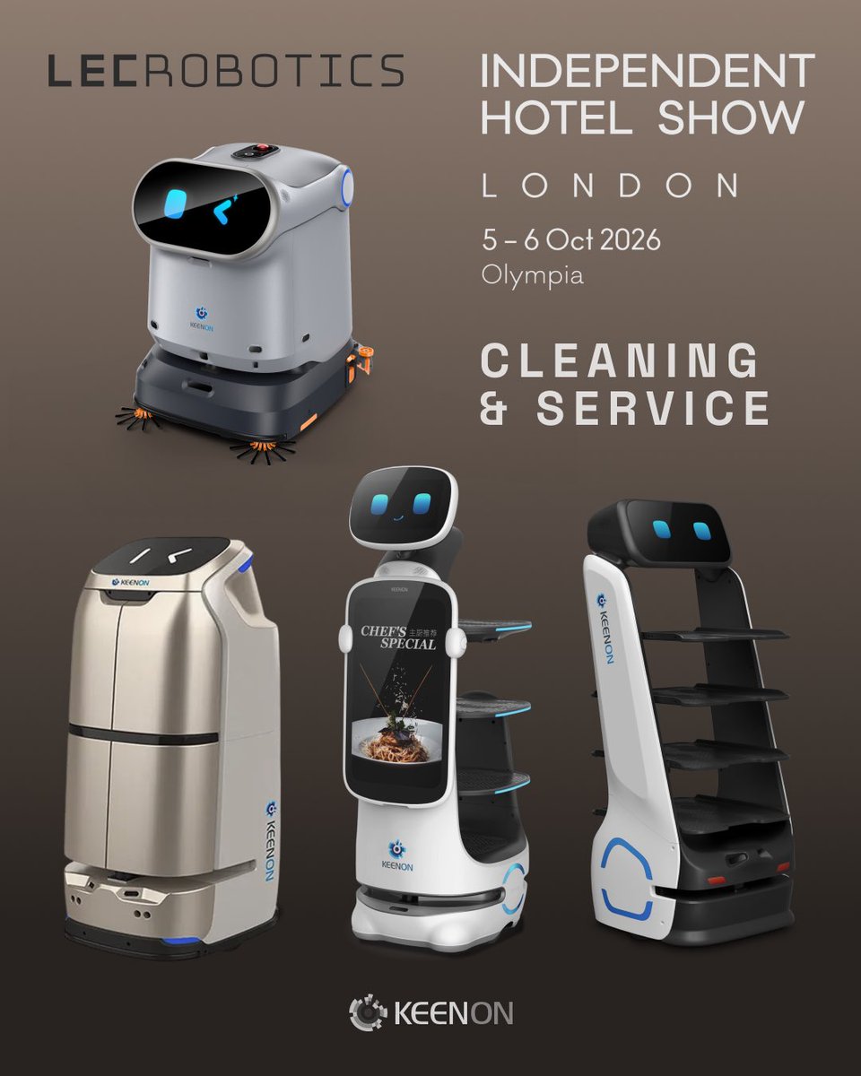 lecrobotics's tweet photo. Stand 2342 at Independent Hotel Show, Olympia, 5-6 Oct. Free Xbot IC ice cream all day. Galbot G1 humanoid, available to hire. Dinerbot T10 and T9, Butlerbot W3 and Kleenbot C40. https://t.co/gdMOJF1vXA #IndependentHotelShow #LECRobotics https://t.co/9NUVj3j5wW