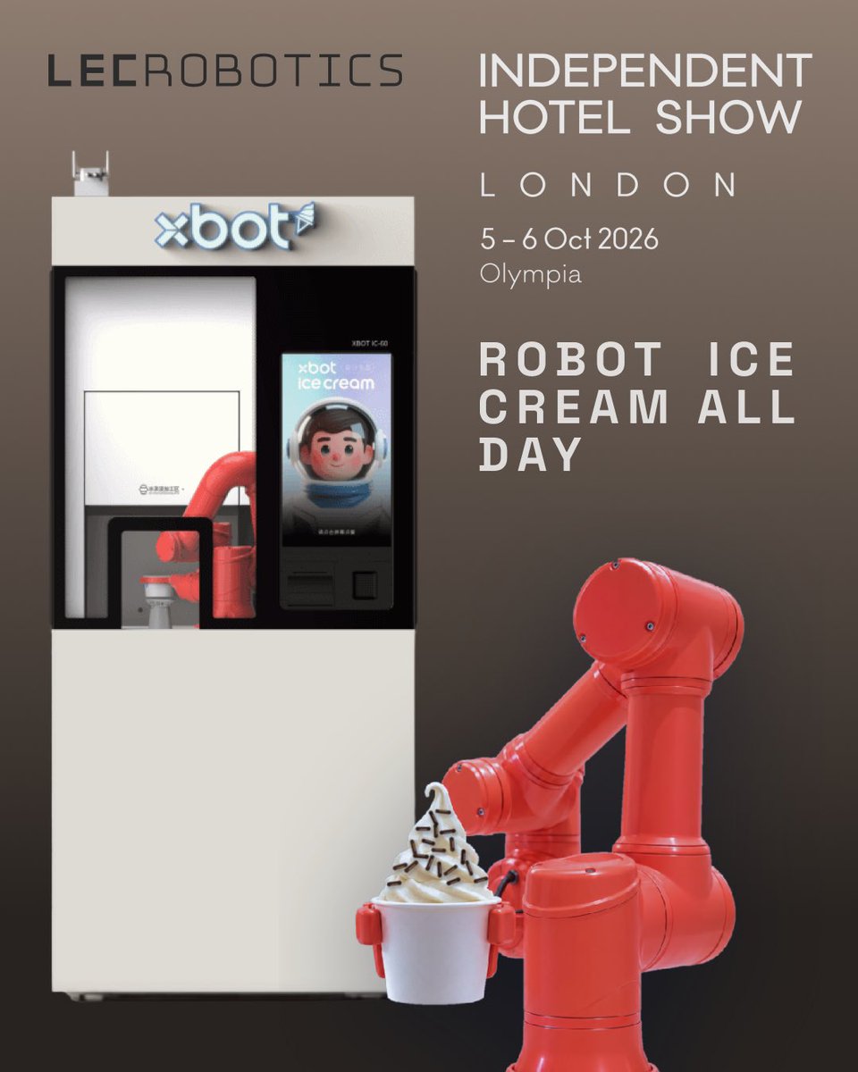 lecrobotics's tweet photo. Stand 2342 at Independent Hotel Show, Olympia, 5-6 Oct. Free Xbot IC ice cream all day. Galbot G1 humanoid, available to hire. Dinerbot T10 and T9, Butlerbot W3 and Kleenbot C40. https://t.co/gdMOJF1vXA #IndependentHotelShow #LECRobotics https://t.co/9NUVj3j5wW