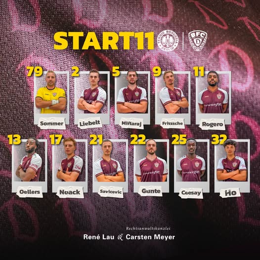 BFCDynamo's tweet photo. Berliner Landespokal: In rund einer halben Stunde ertönt im Mommsenstadion der Anpfiff der Partie zwischen dem Oberligisten @TennisBorussia und unserem #BFCDynamo. Unsere Mannschaft geht mit der folgenden Formation ins Spiel. #TEBEBFC https://t.co/ADvbuXd4Vl
