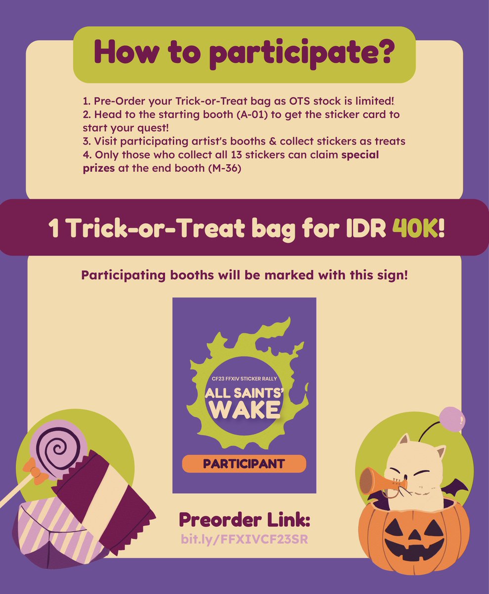 karamelkotak's tweet photo. [❤️ &amp; shares are appreciated!]

🎃 Trick or Treat! FFXIV Sticker Rally is back for #CF23! (both days) 🎃

Are you excited for this All Saints' Wake?
Check out below for more info to participate ⬇️ https://t.co/KFrLczAWdG